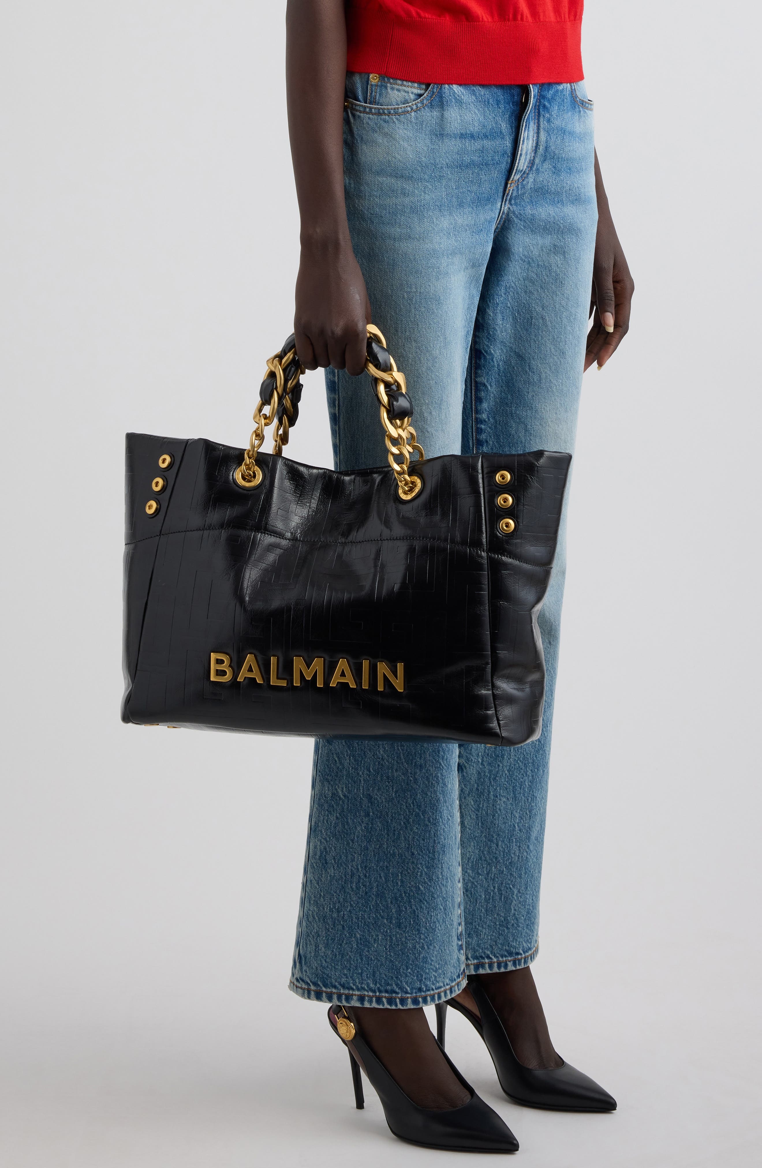 Balmain Small 1945 Monogram Embossed Soft Leather Tote in 0Pa Black at Nordstrom - 2