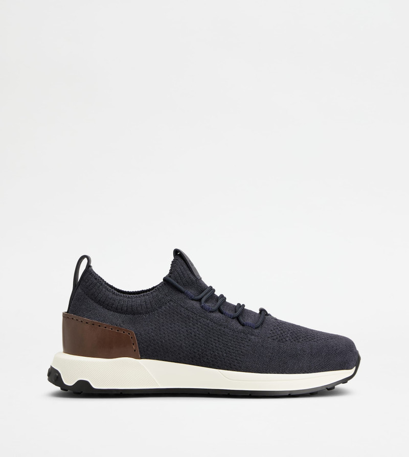 SOCK SNEAKERS IN TECHNICAL FABRIC AND LEATHER - BLUE, BROWN 1