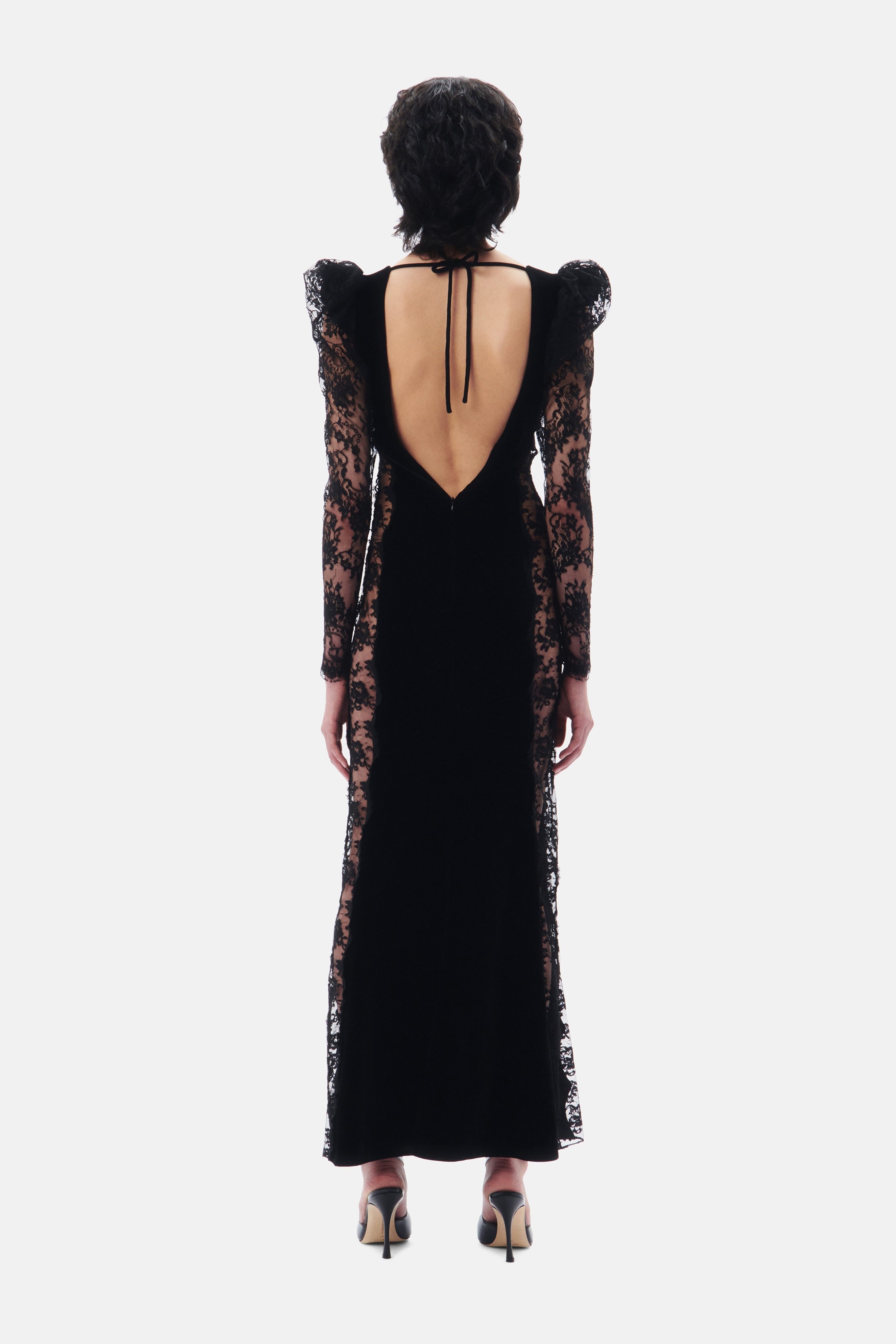 OPEN BACK VELVET EVENING DRESS WITH LACE INTARSIA - 5