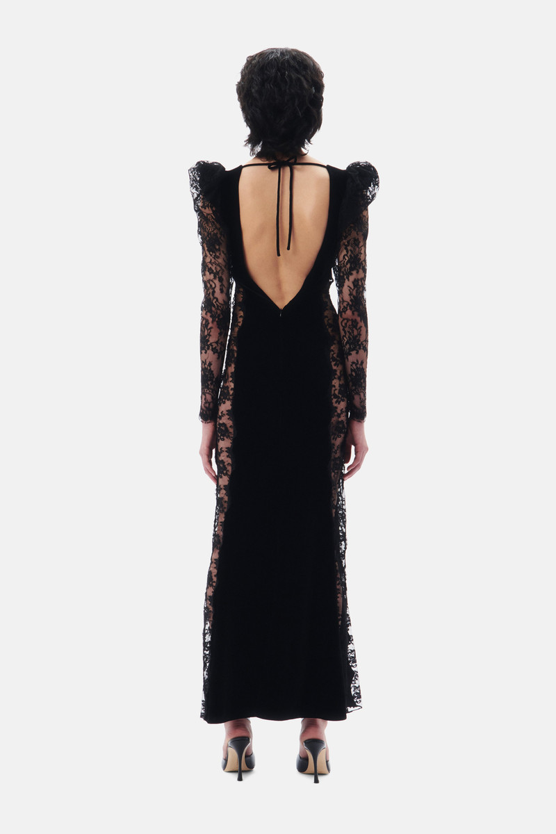 OPEN BACK VELVET EVENING DRESS WITH LACE INTARSIA 5