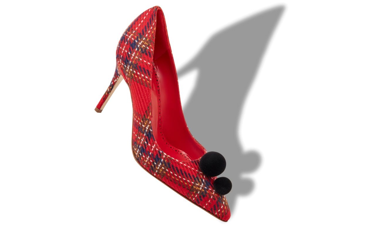 Red Wool Tartan Pom Pom Detail Pumps - 2