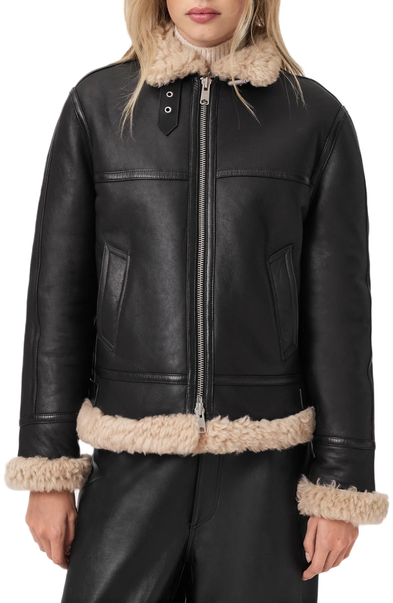 AllSaints Lorel Leather & Genuine Shearling Flying Jacket in Black/Natural at Nordstrom - 1