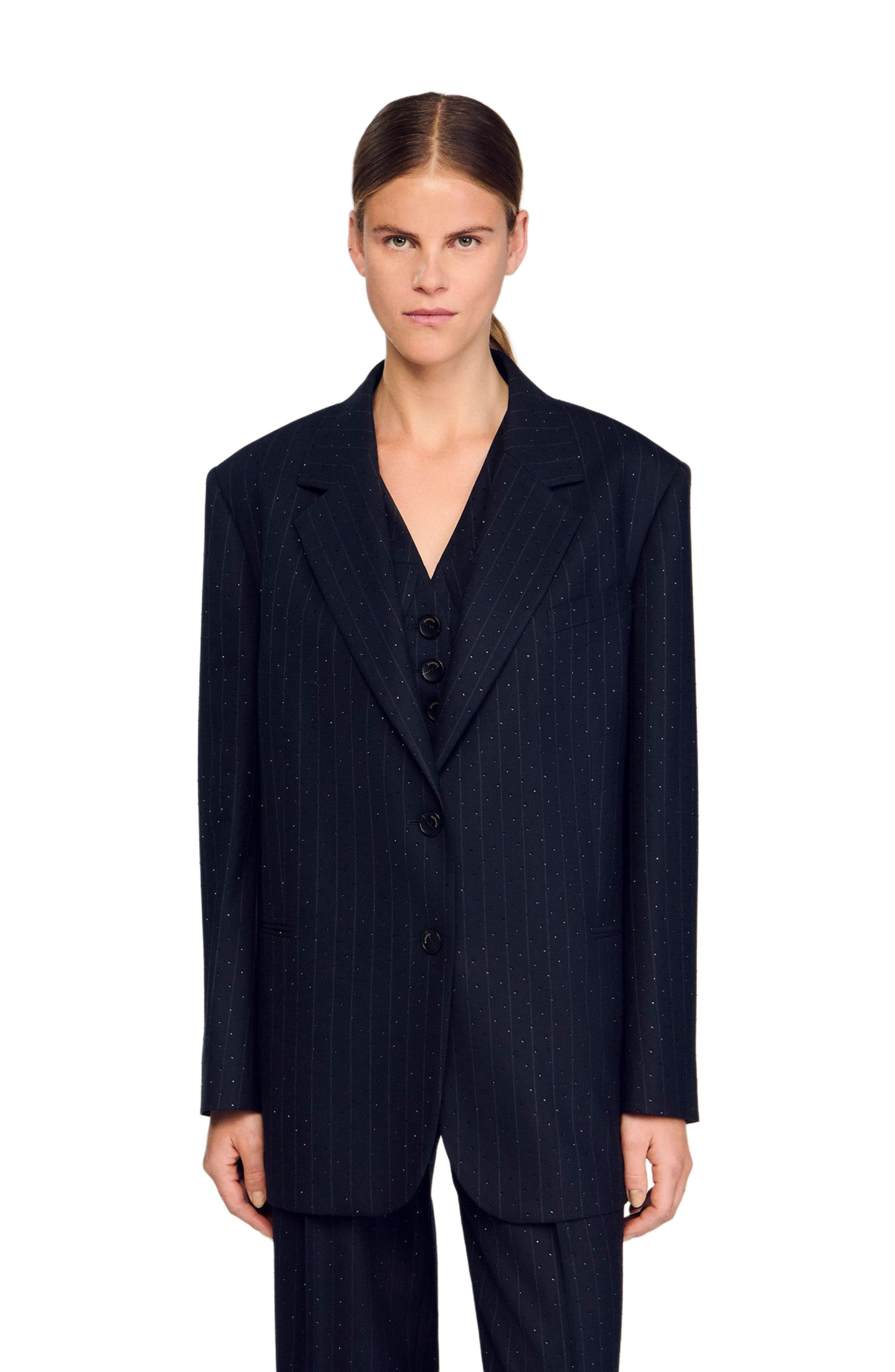SANDRO Striped rhinestone suit jacket in Navy Blue at Nordstrom - 4