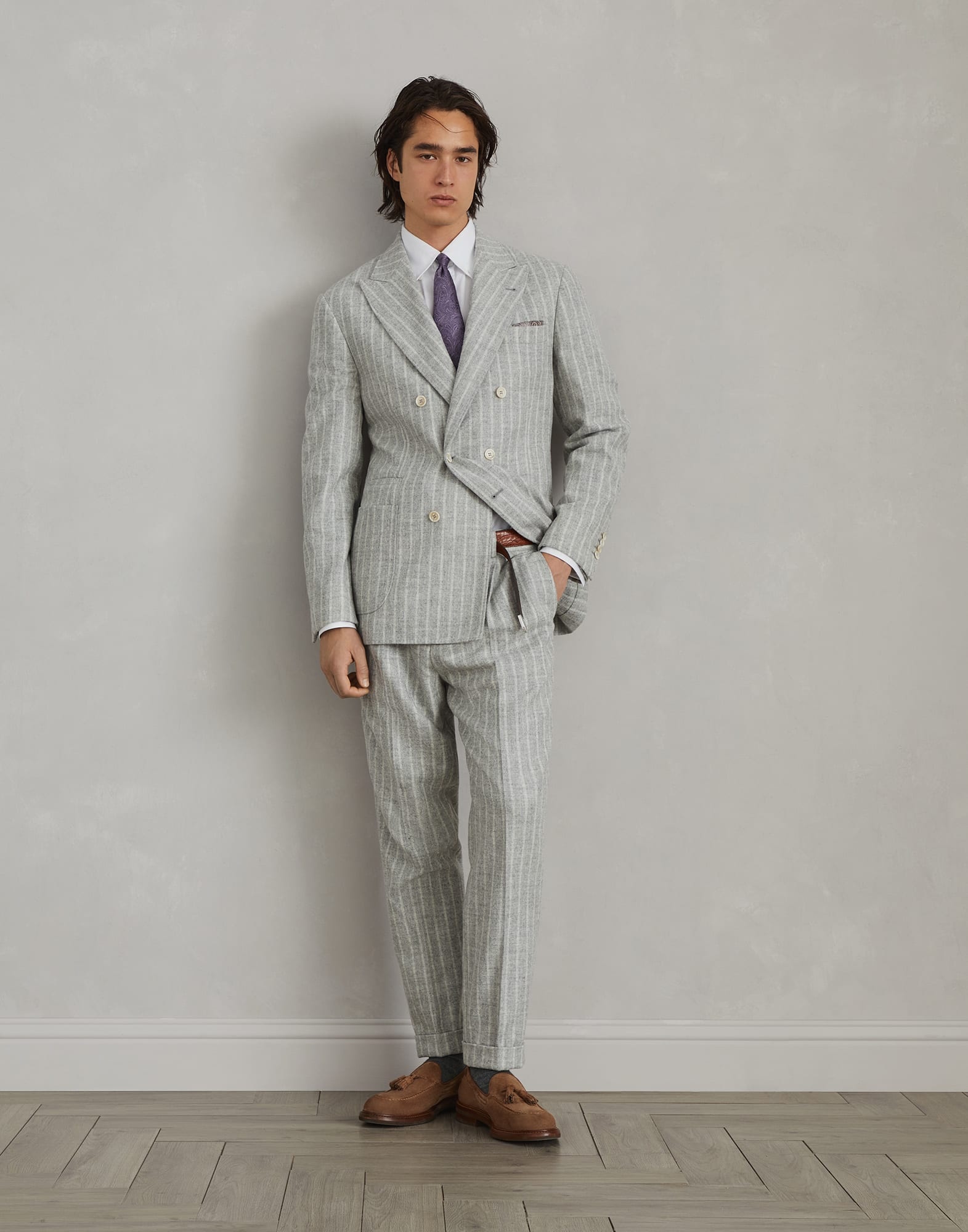 Comfort alpaca and wool chalk stripe Leisure suit: deconstructed one-and-a-half breasted jacket and  - 4