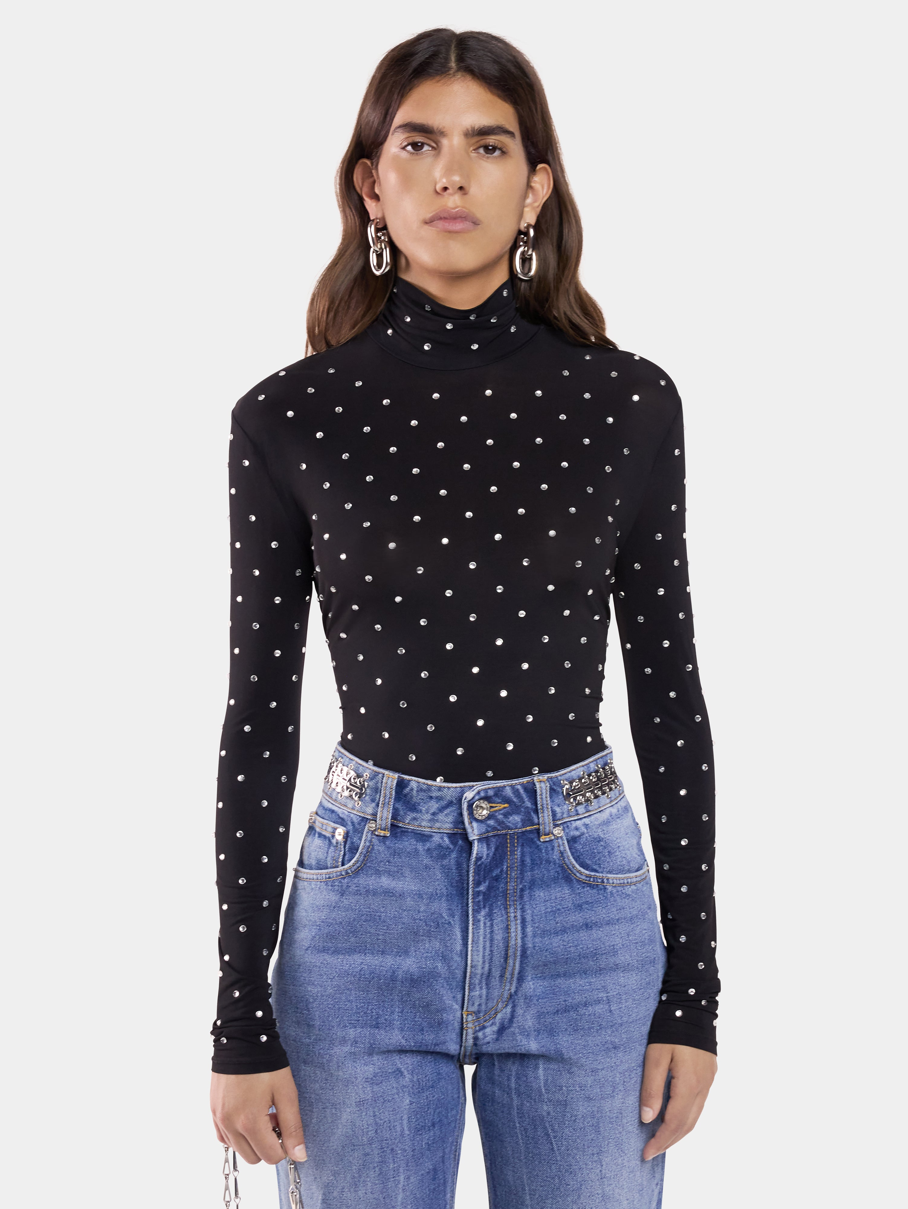 BLACK CRYSTAL-EMBELLISHED TOP IN SECOND-SKIN JERSEY - 2