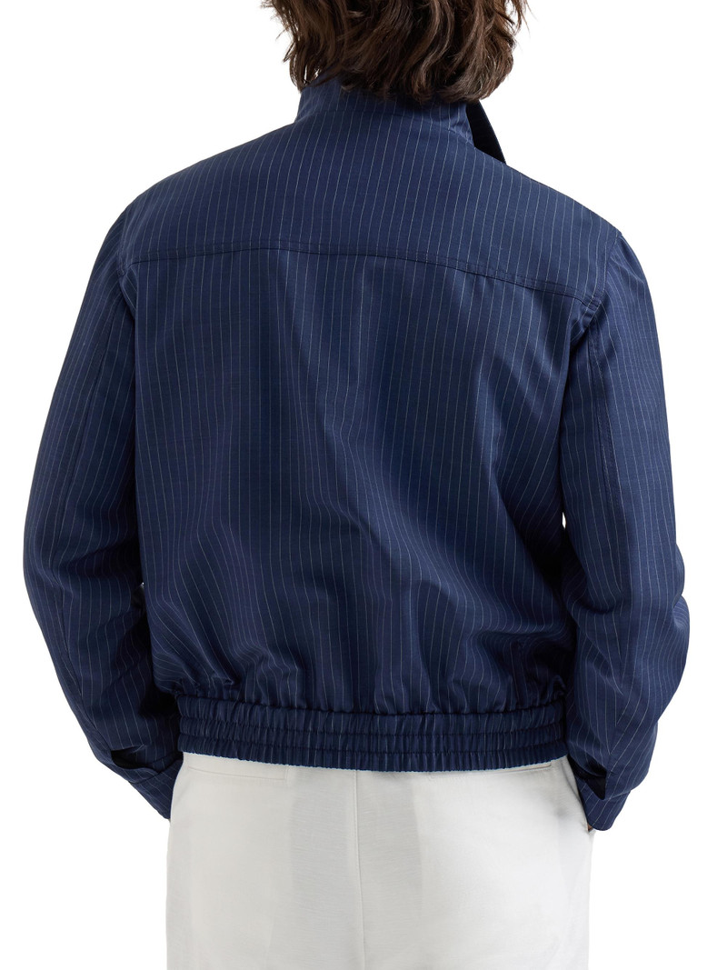 Men's Wool and Mohair Pinstripe Fresco Outerwear Jacket with Stand Collar - Blue 3