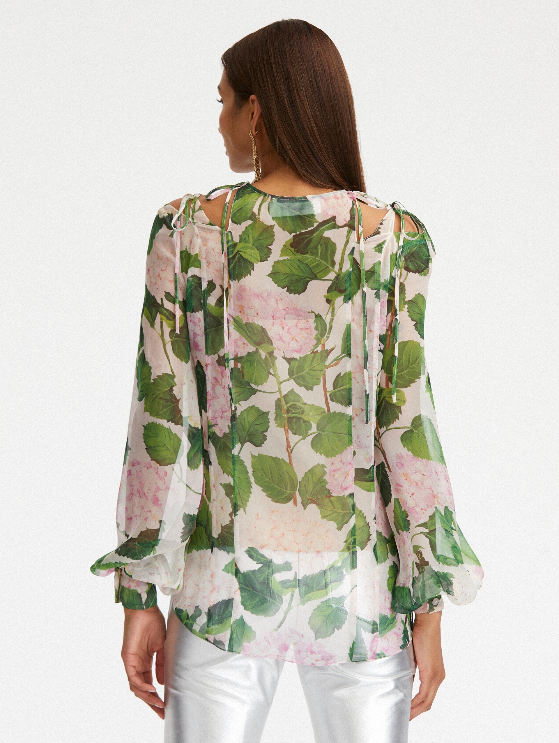 HYDRANGEA TIE-NECK CHIFFON BLOUSE - 3