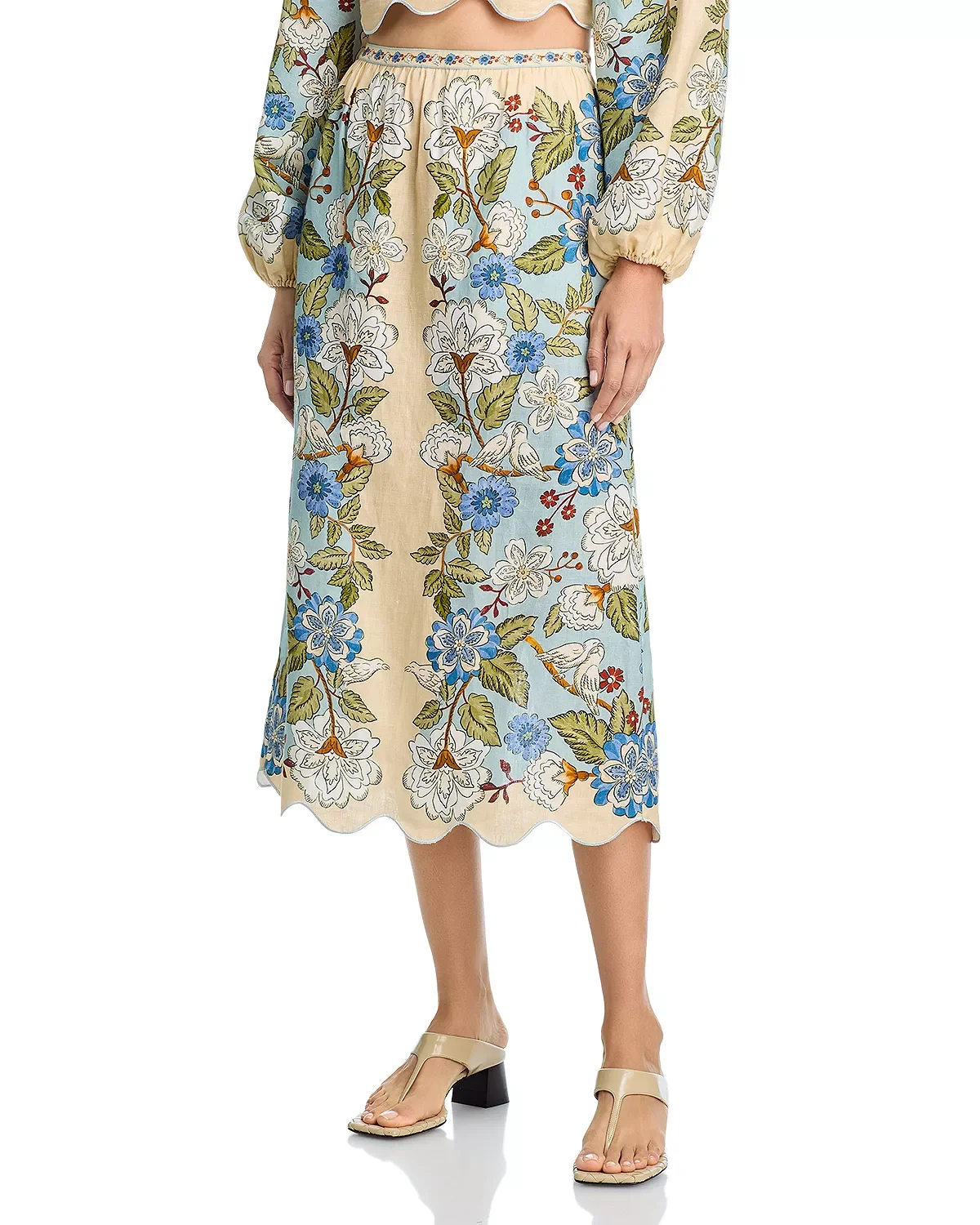 Garden Scarf Print Linen Midi Skirt - 1