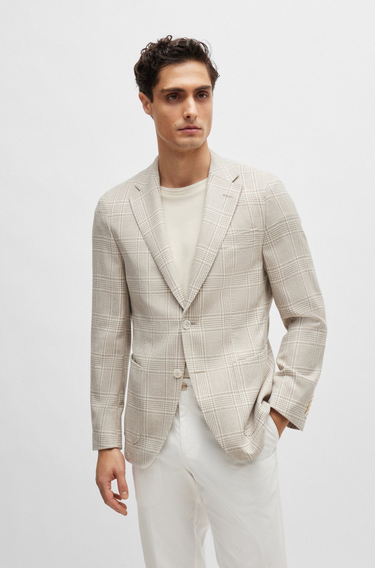 SLIM-FIT JACKET IN CHECKED WOOL, LINEN AND SILK - 2