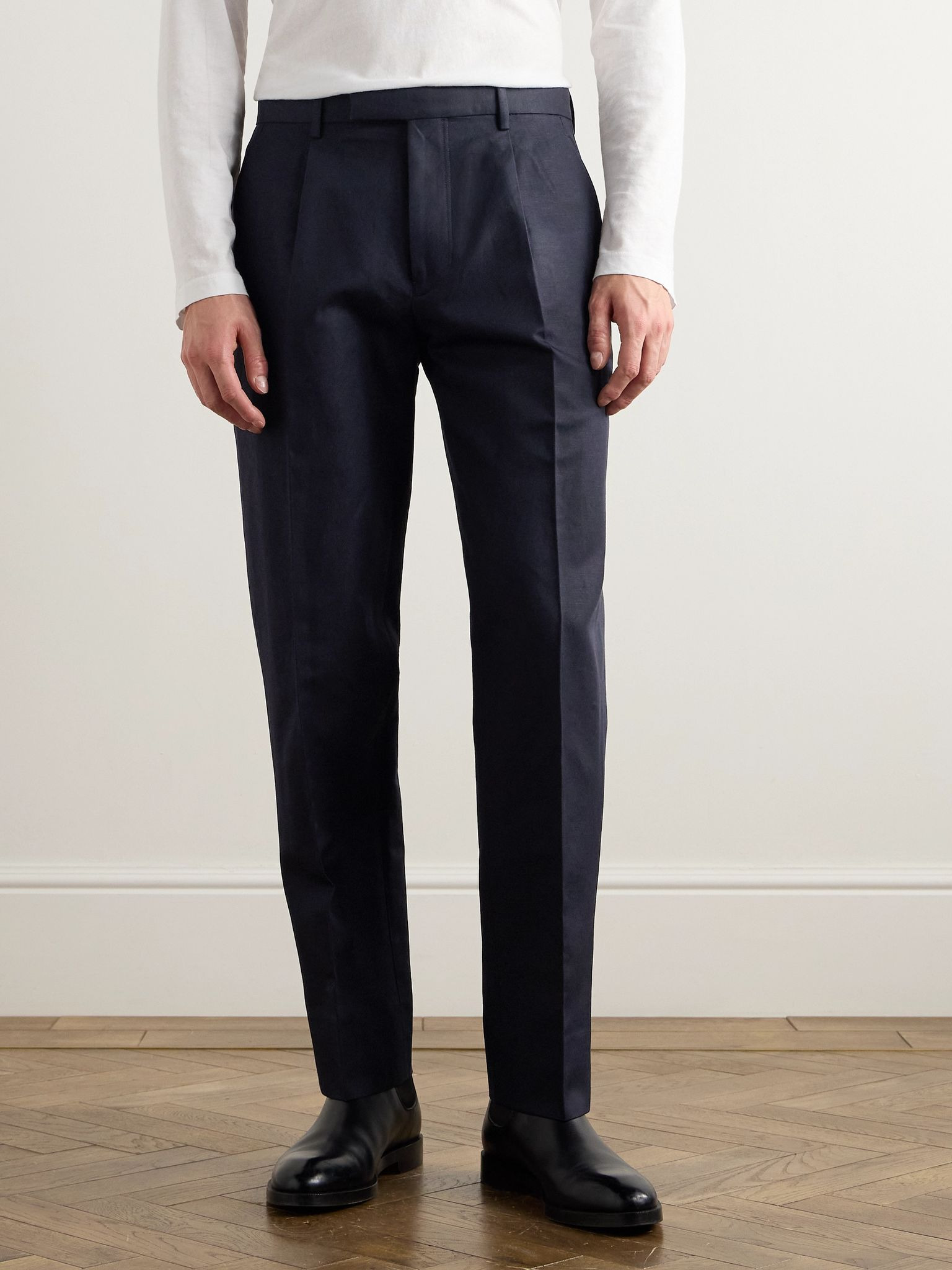 Tapered Pleated Cotton and Linen-Blend Twill Trousers Blue - 3
