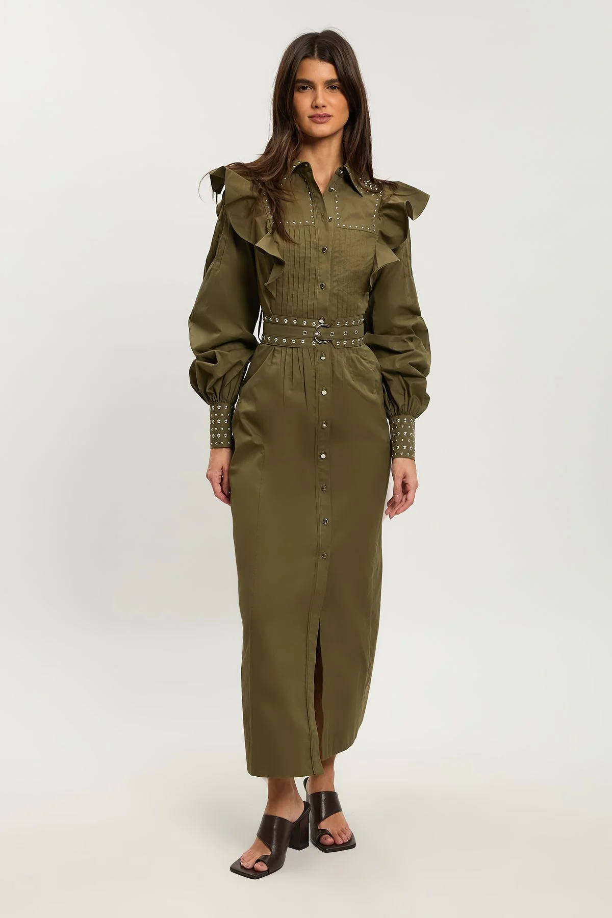 Petite Cotton Sateen Drama Sleeve Studded Woven Maxi Shirt Dress - 1