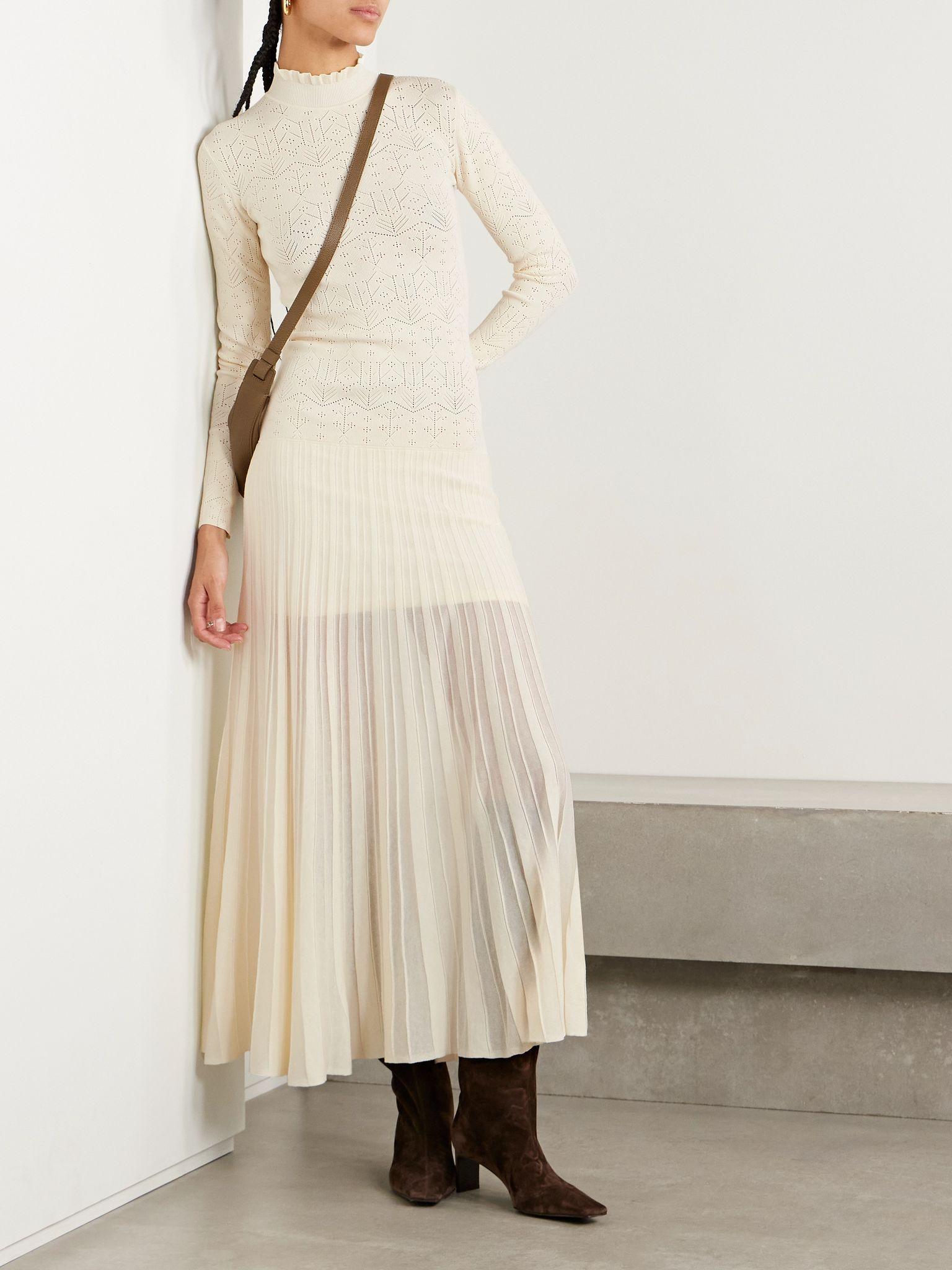 Gisole paneled pointelle-knit turtleneck maxi dress Ecru - 2