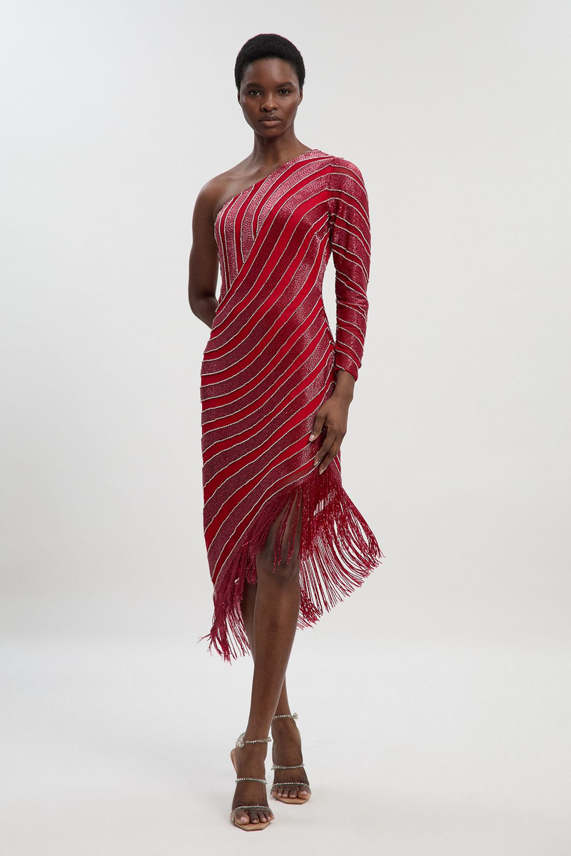 KAREN MILLEN Thigh High Split Embellished Woven Fringed Midi Dress outlook