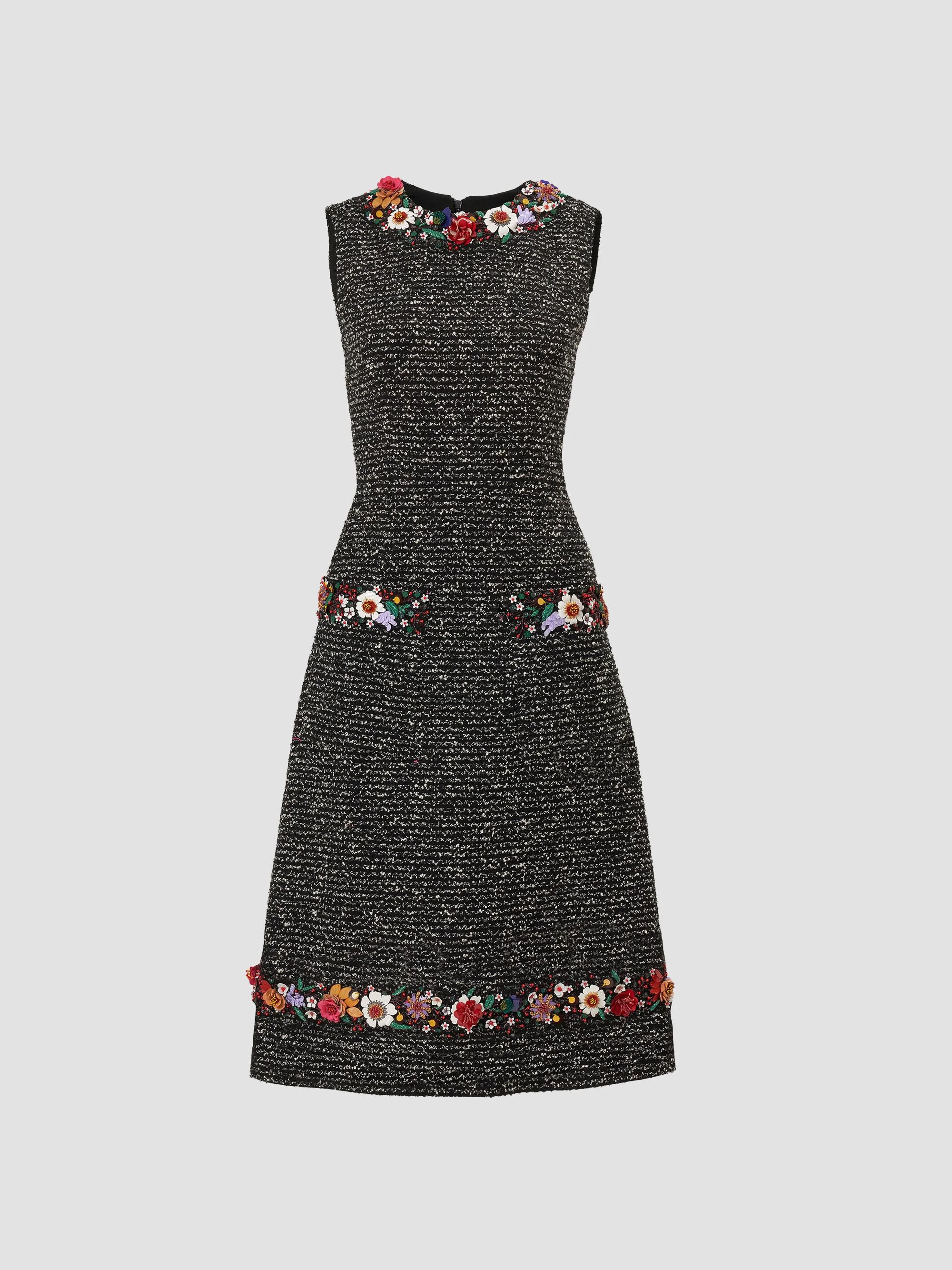 Women's Metallic Tweed Floral Embellished-Trim Midi Dress - Black White - 1