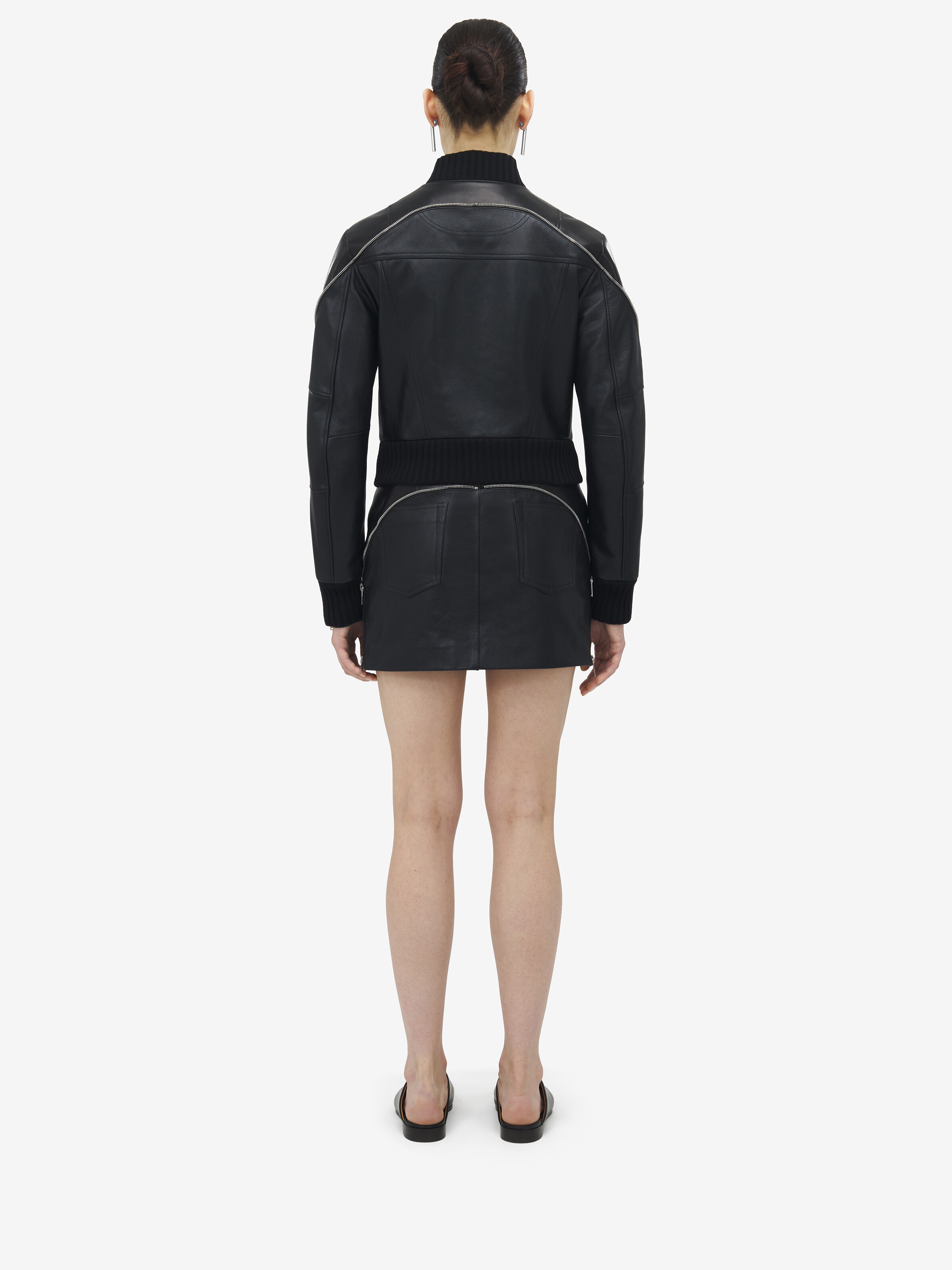 Zip Detail Leather Bomber Jacket - 5