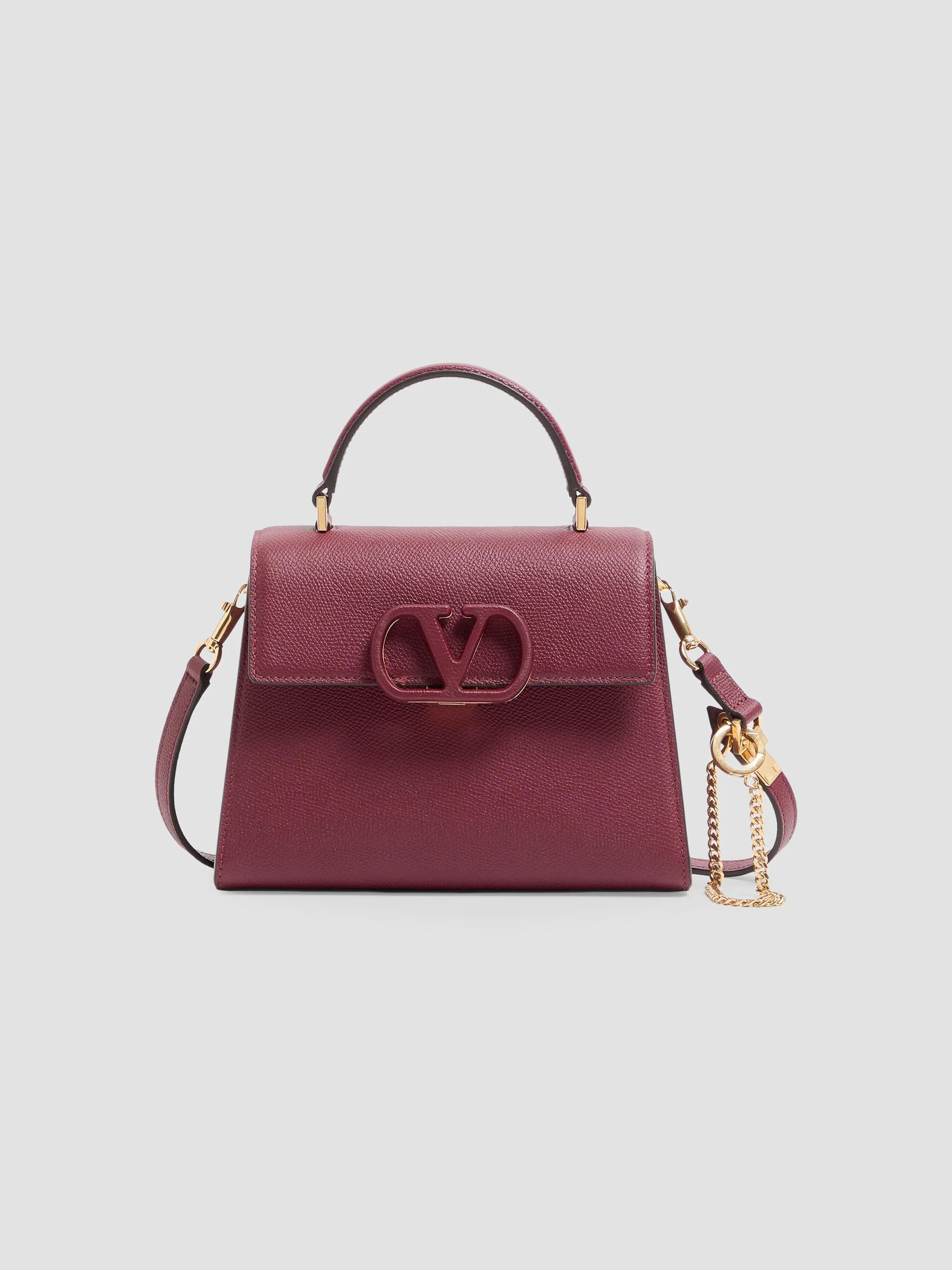 Women's V-Sling Small Top Handle Bag in Grainy Calfskin - Cherry - 1