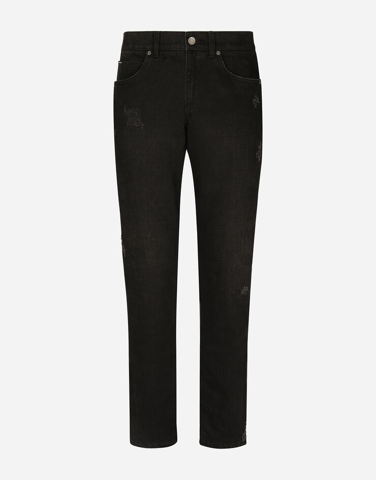 Black wash regular-fit jeans with abrasions - 1