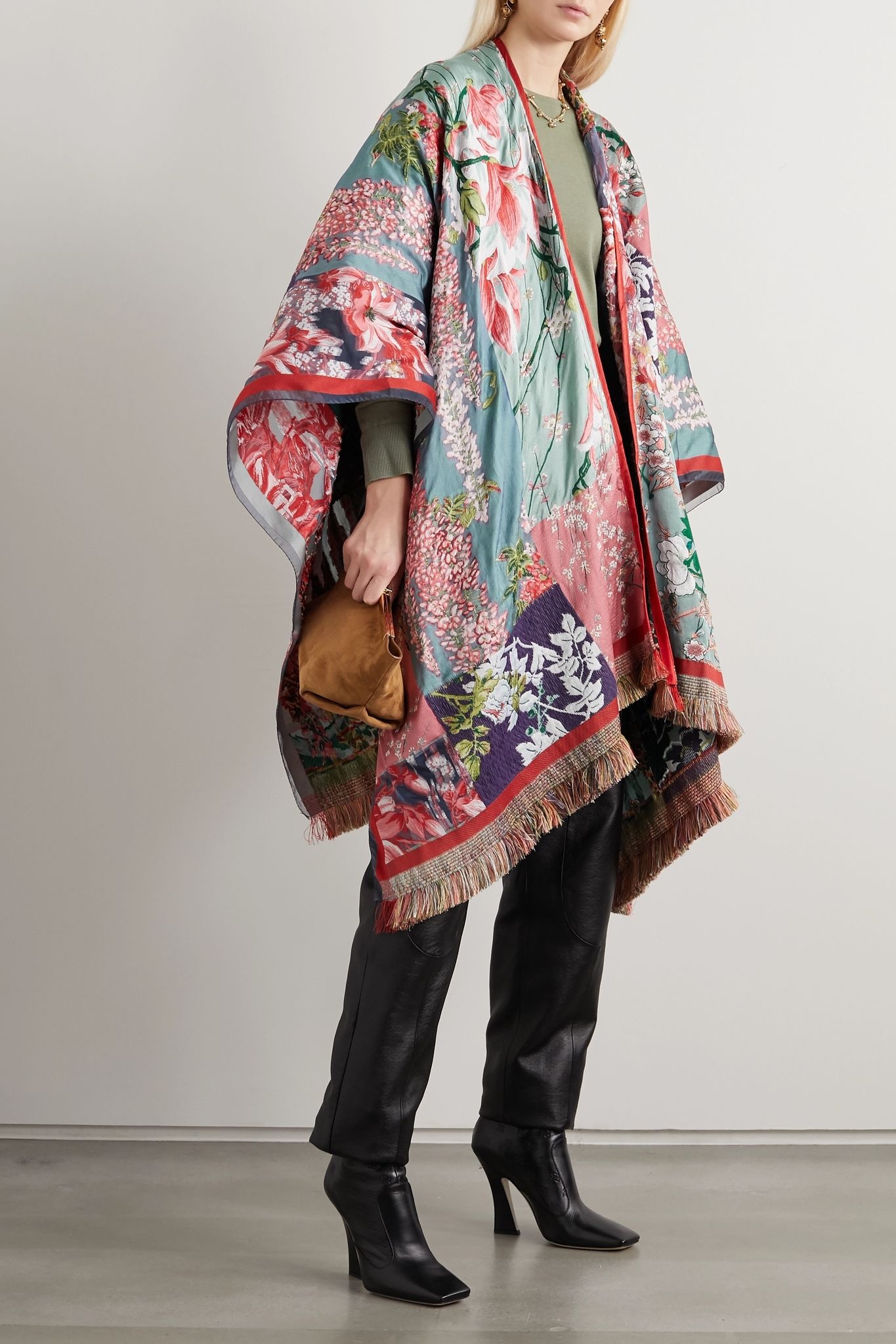 Fringed embroidered patchwork jacquard wrap - 2