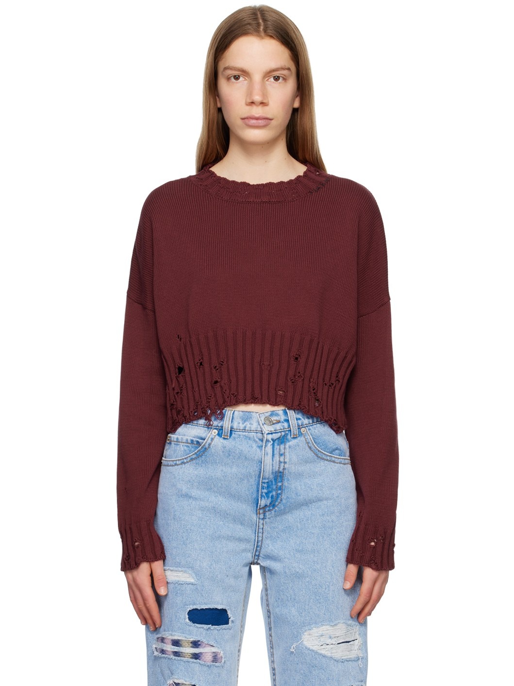 Burgundy Distressed Sweater - 1