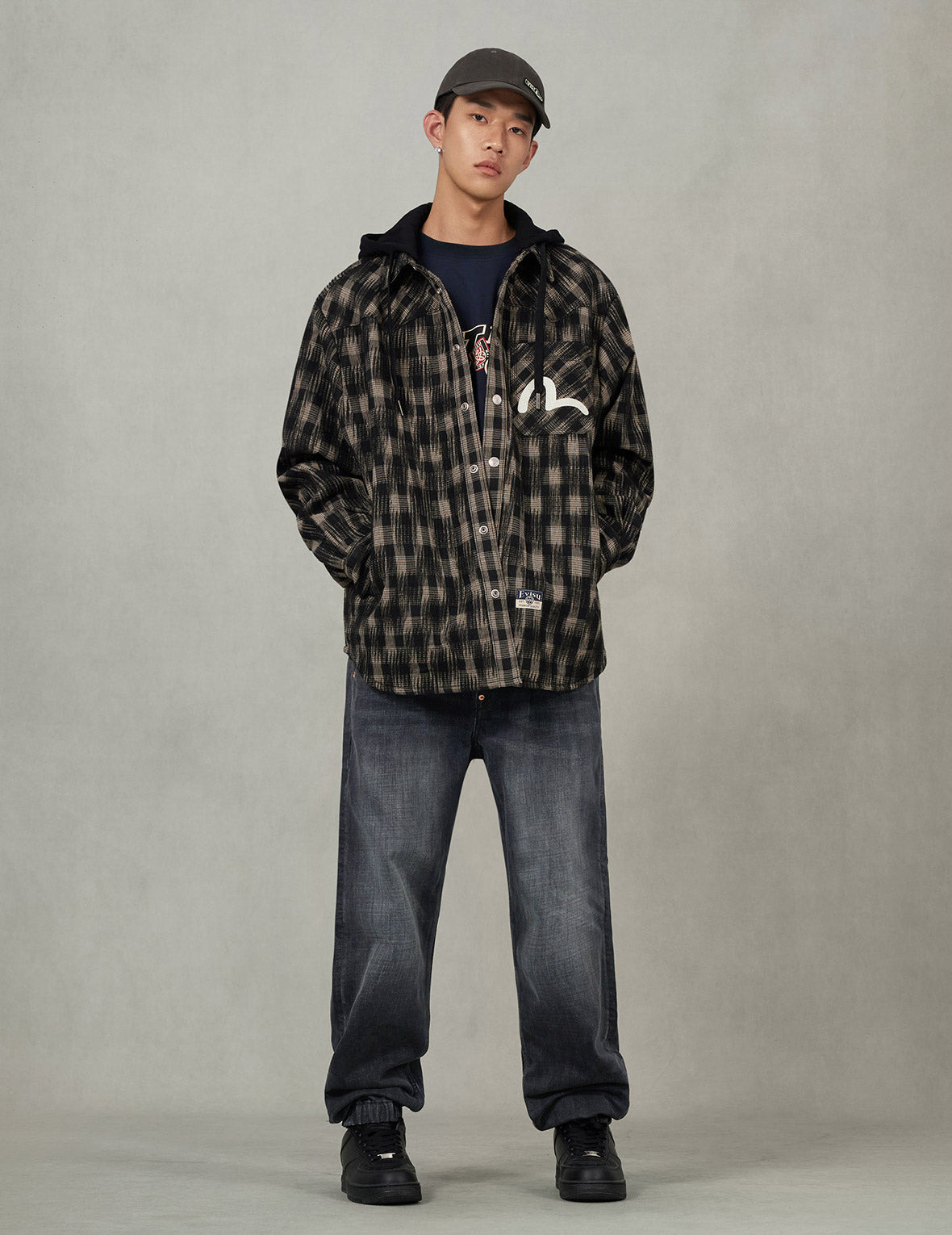 Seagull Embroidery Relax Fit Hooded Checked Shirt Jacket - 5