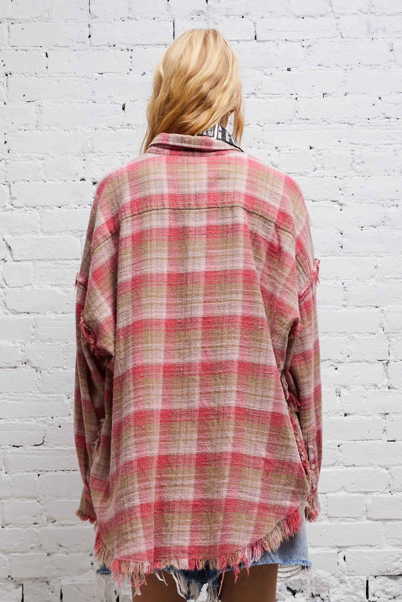 R13 SHREDDED SEAM DROP NECK SHIRT OVERDYED PINK PLAID REVERSIBLE