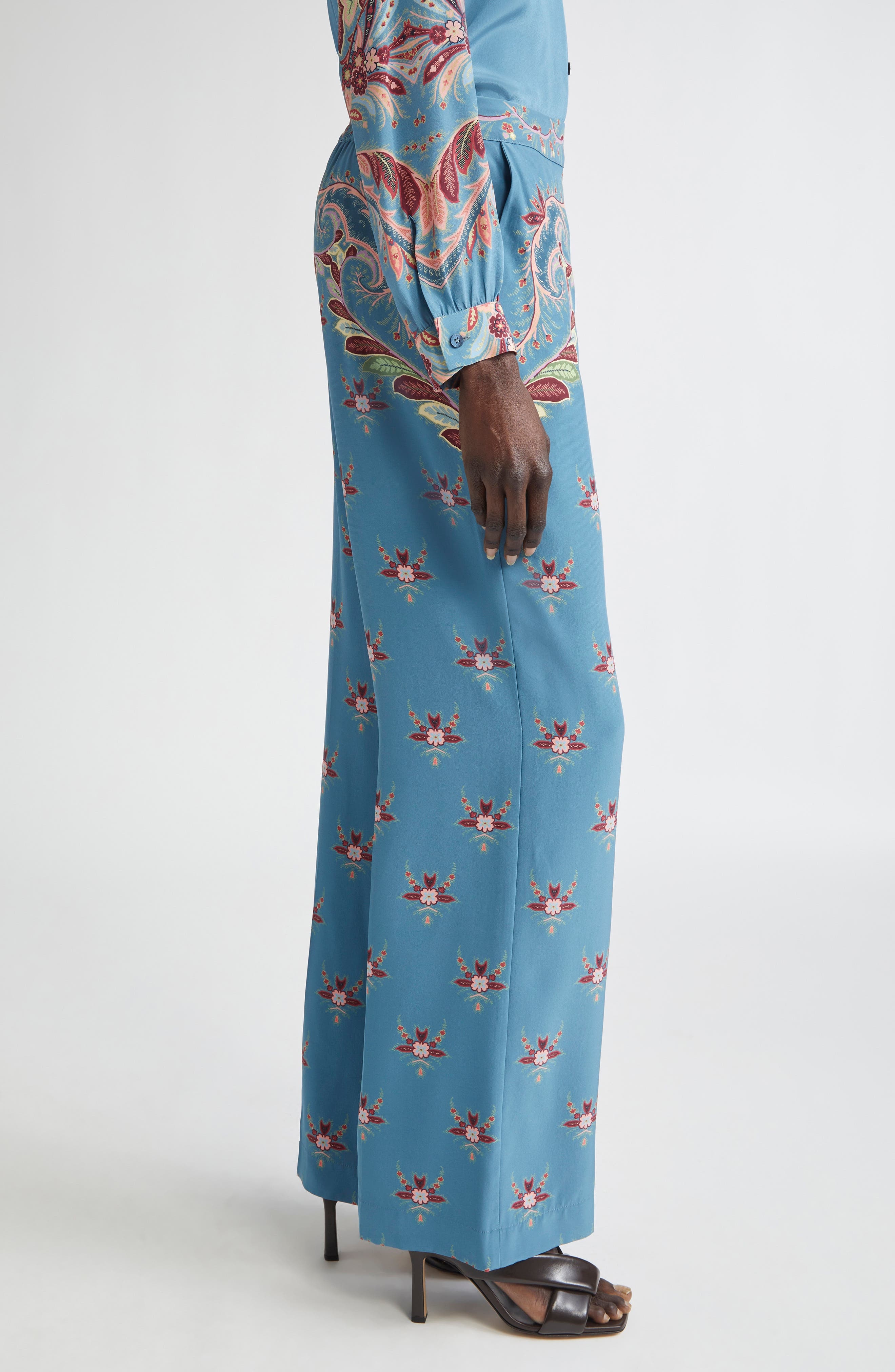 Etro Floral Paisley Silk Flare Leg Pants in Printed Blue Base at Nordstrom - 4