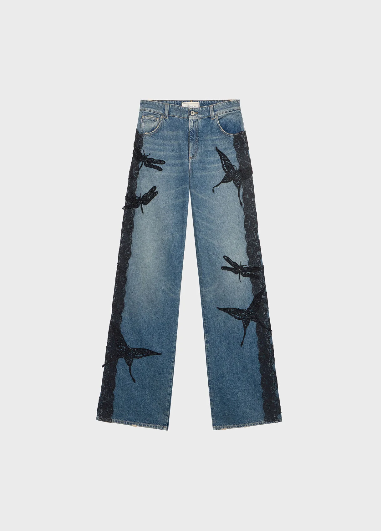 FLARE JEANS WITH BUTTERFLY EMBROIDERY AND LACE BANDS - 1