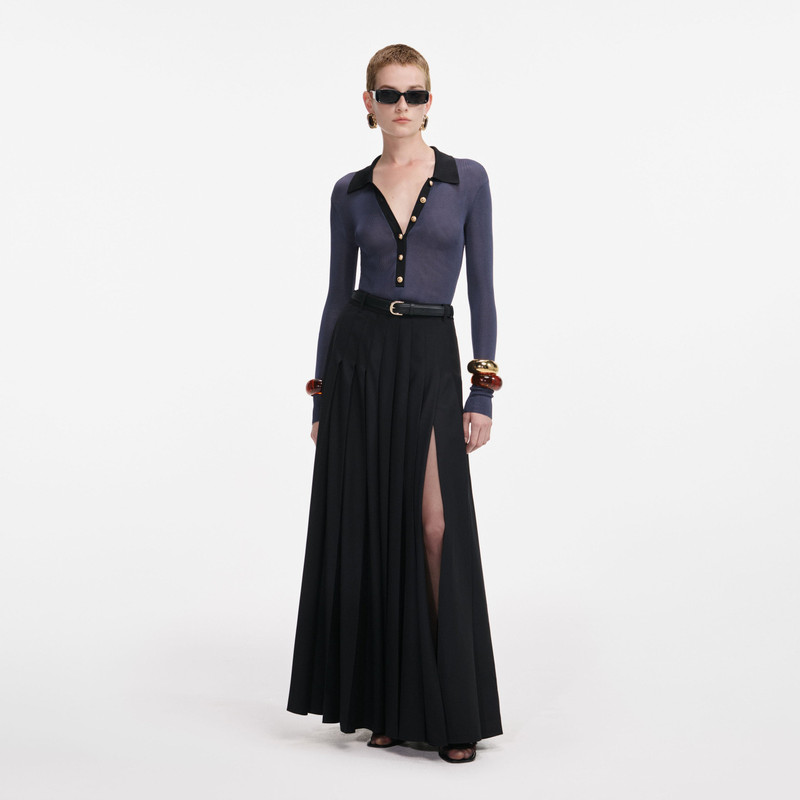 Black Pleated Twill Maxi Skirt - 1