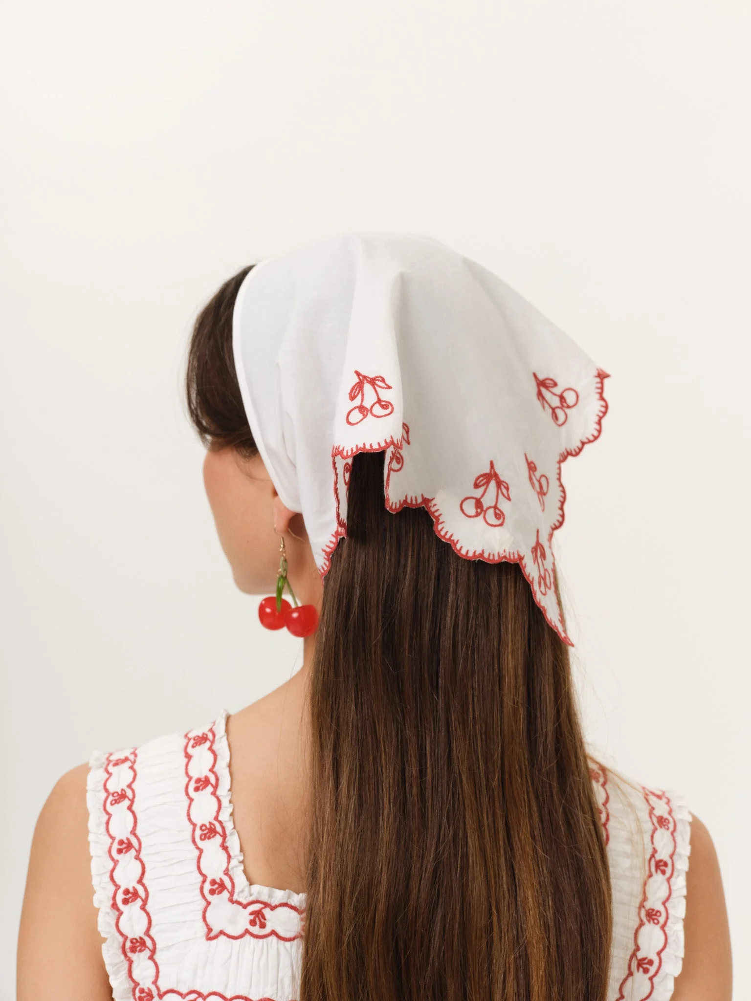 Cherry Embroidred Poplin Headscarf - 1