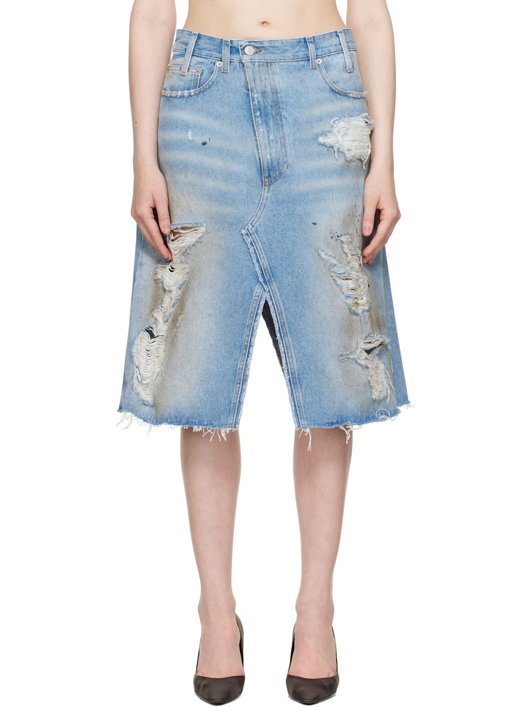 Blue Distressed Shorts Midi Skirt - 1