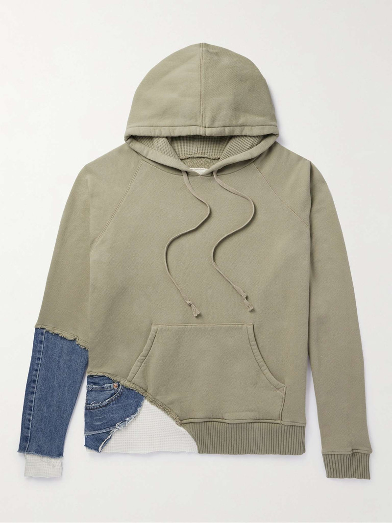 Denim-Panelled Waffle-Knit Cotton-Blend Jersey Hoodie 1