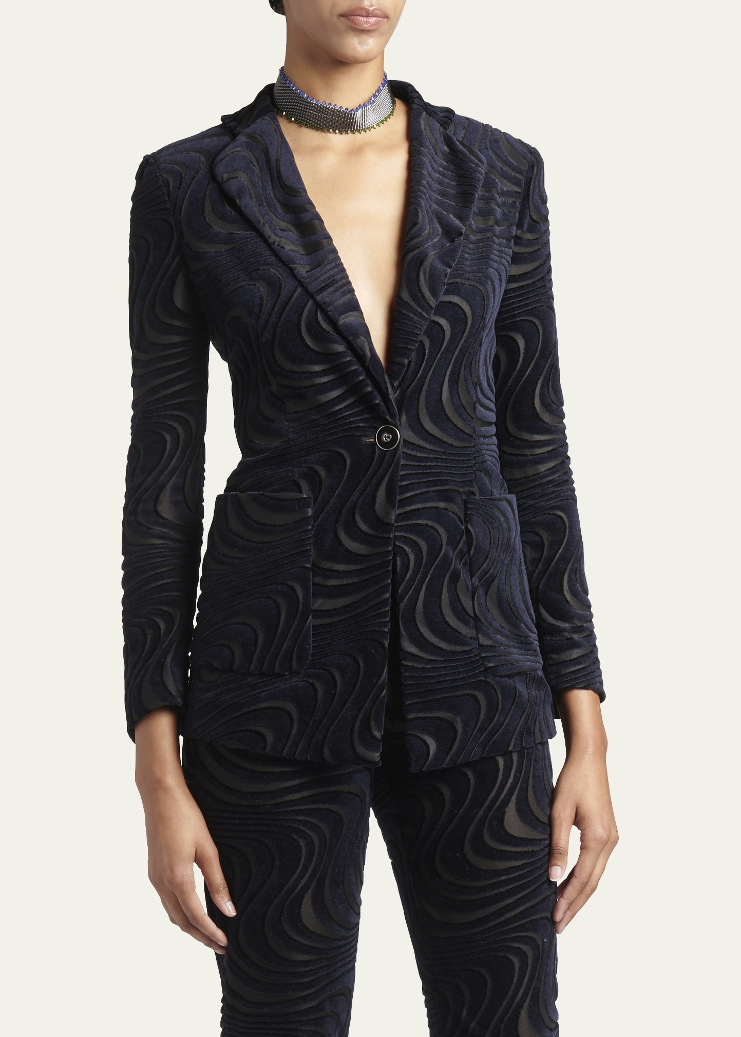 Swirl Jacquard Jersey Single-Breasted Blazer Jacket - 4