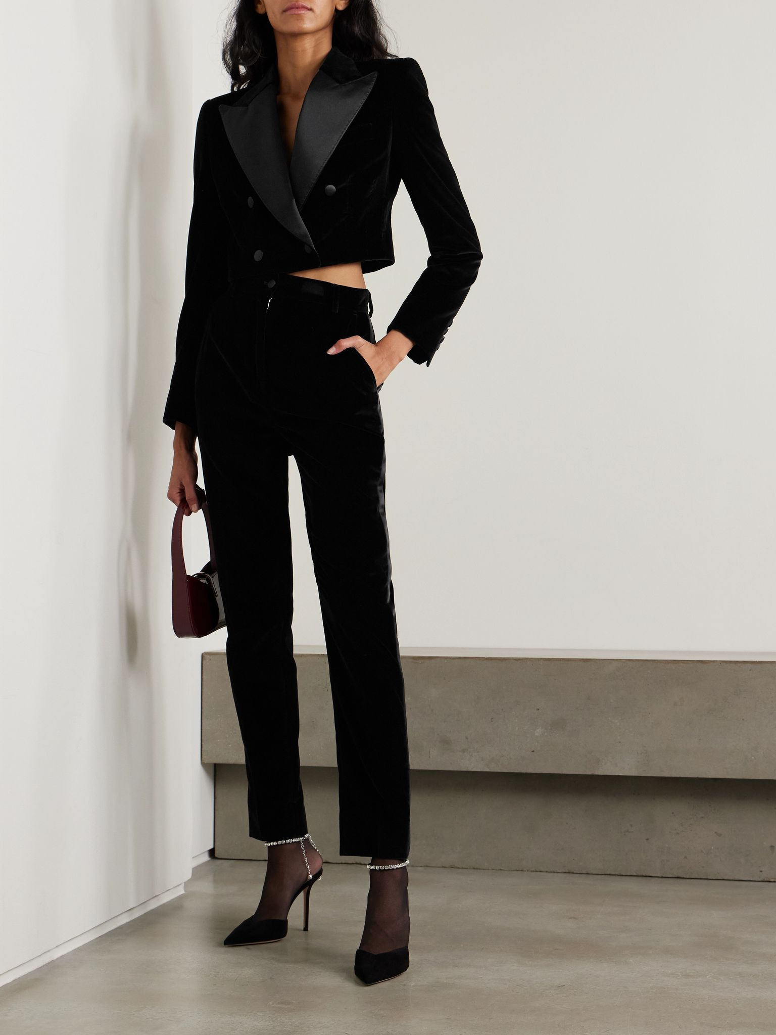Satin-trimmed cotton-blend velvet slim-leg pants Black - 2