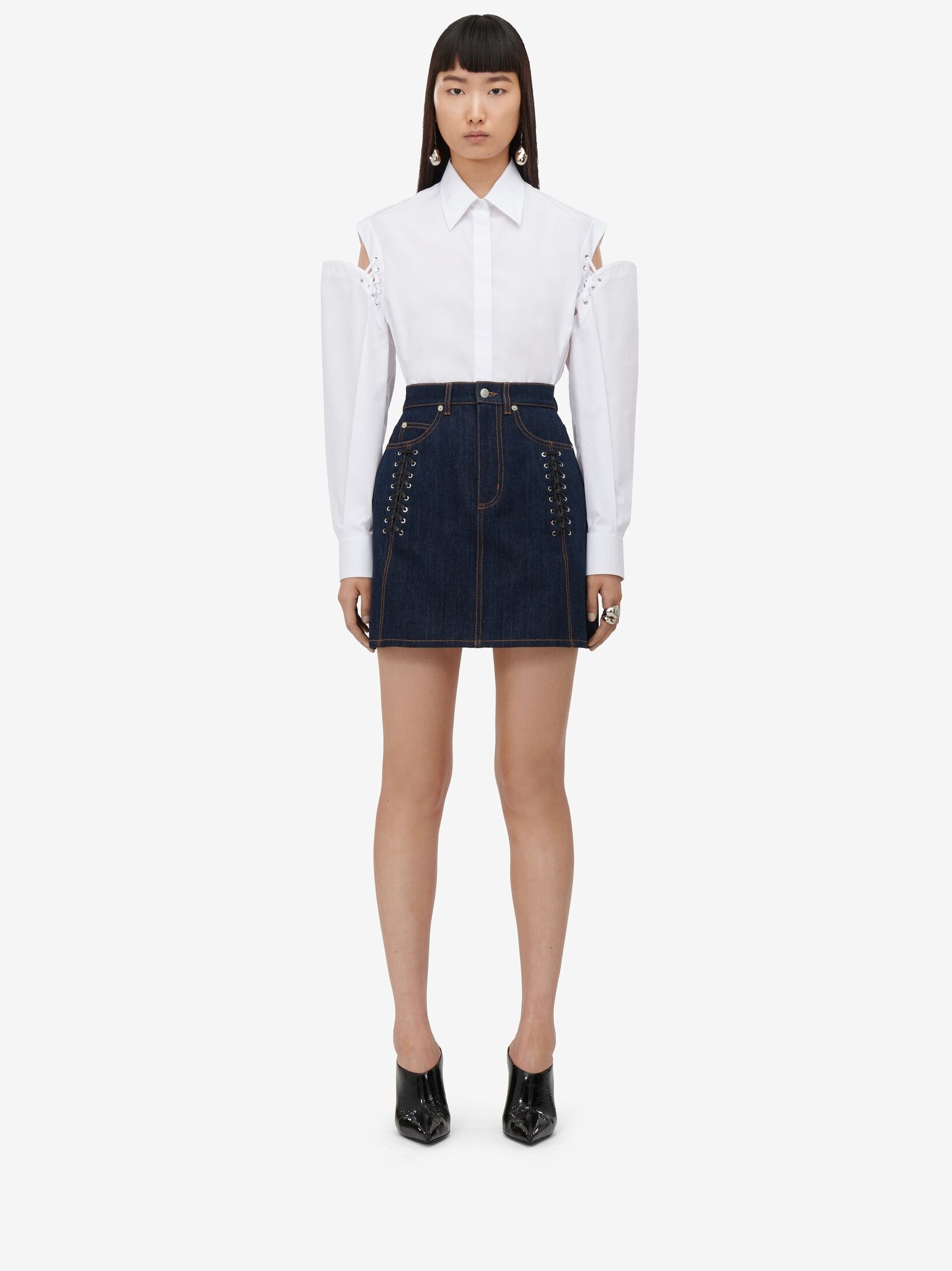 Women's Lace Detail Slashed Cocoon Shirt in Optic White - 2