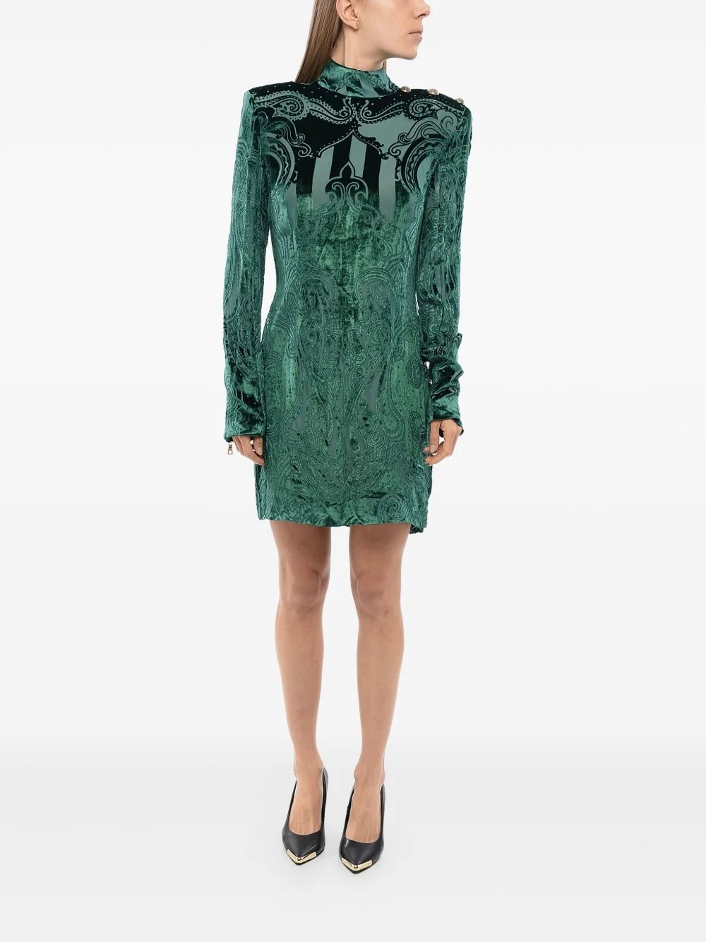 balmain green velvet dress Velvet-Devore Dress with Long Sleeves