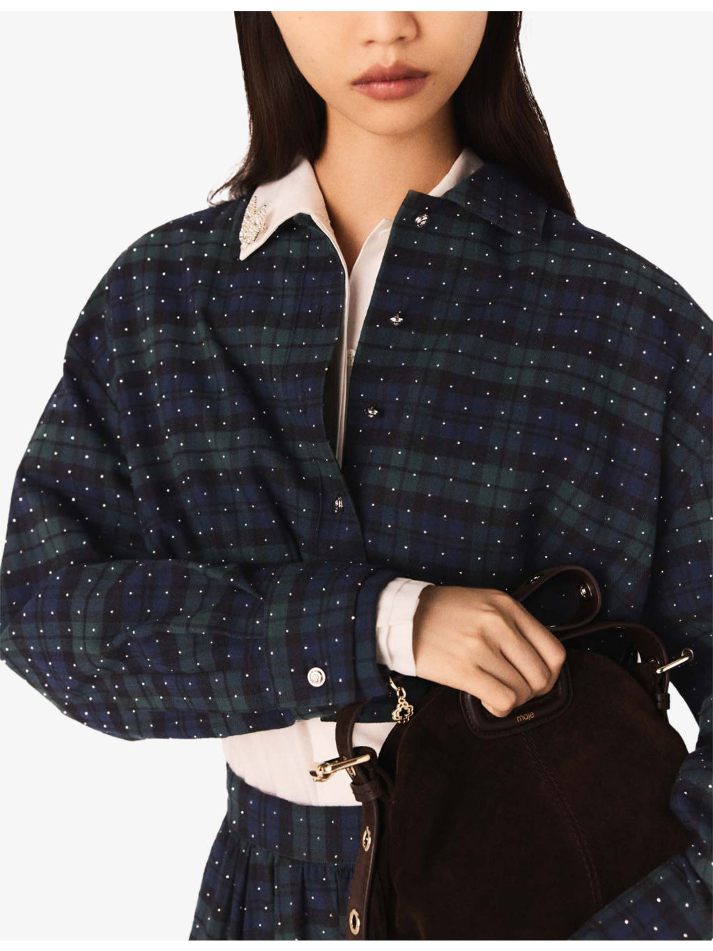 Rhinestone-Embellished Checked Cropped Cotton Shirt - 6
