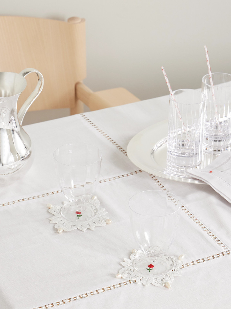 Gohar World Set Of Two Pearl-embellished Embroidered Cotton-lace Coasters outlook
