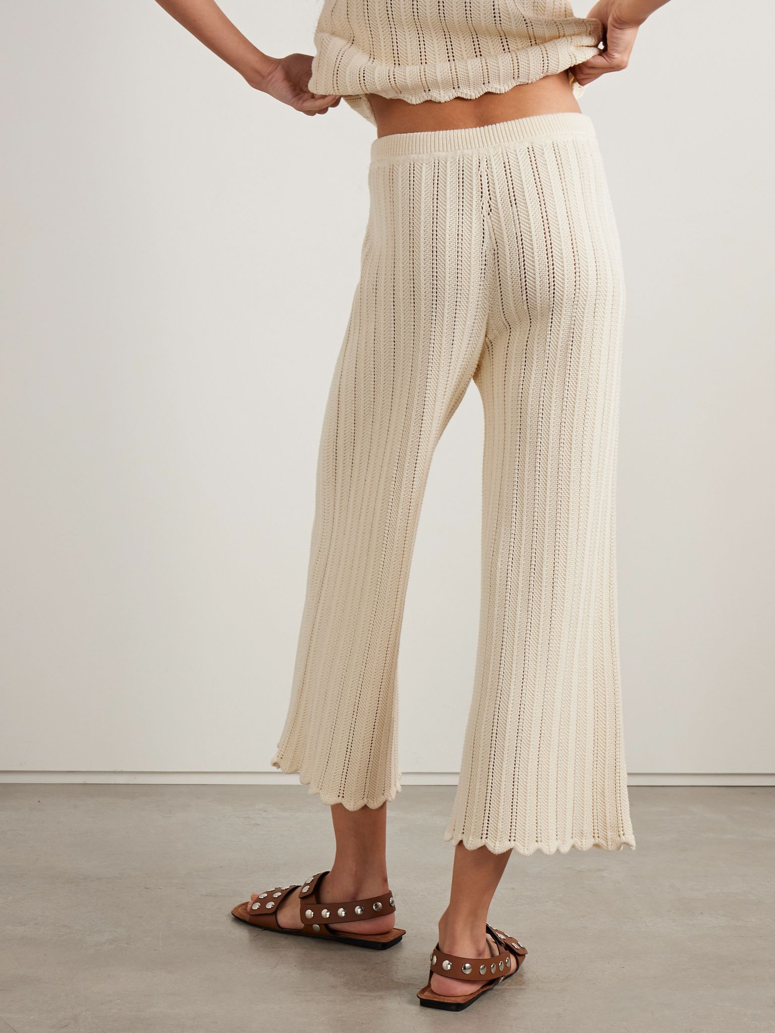 Petey cropped ribbed open-knit organic cotton flared pants Ivory - 4