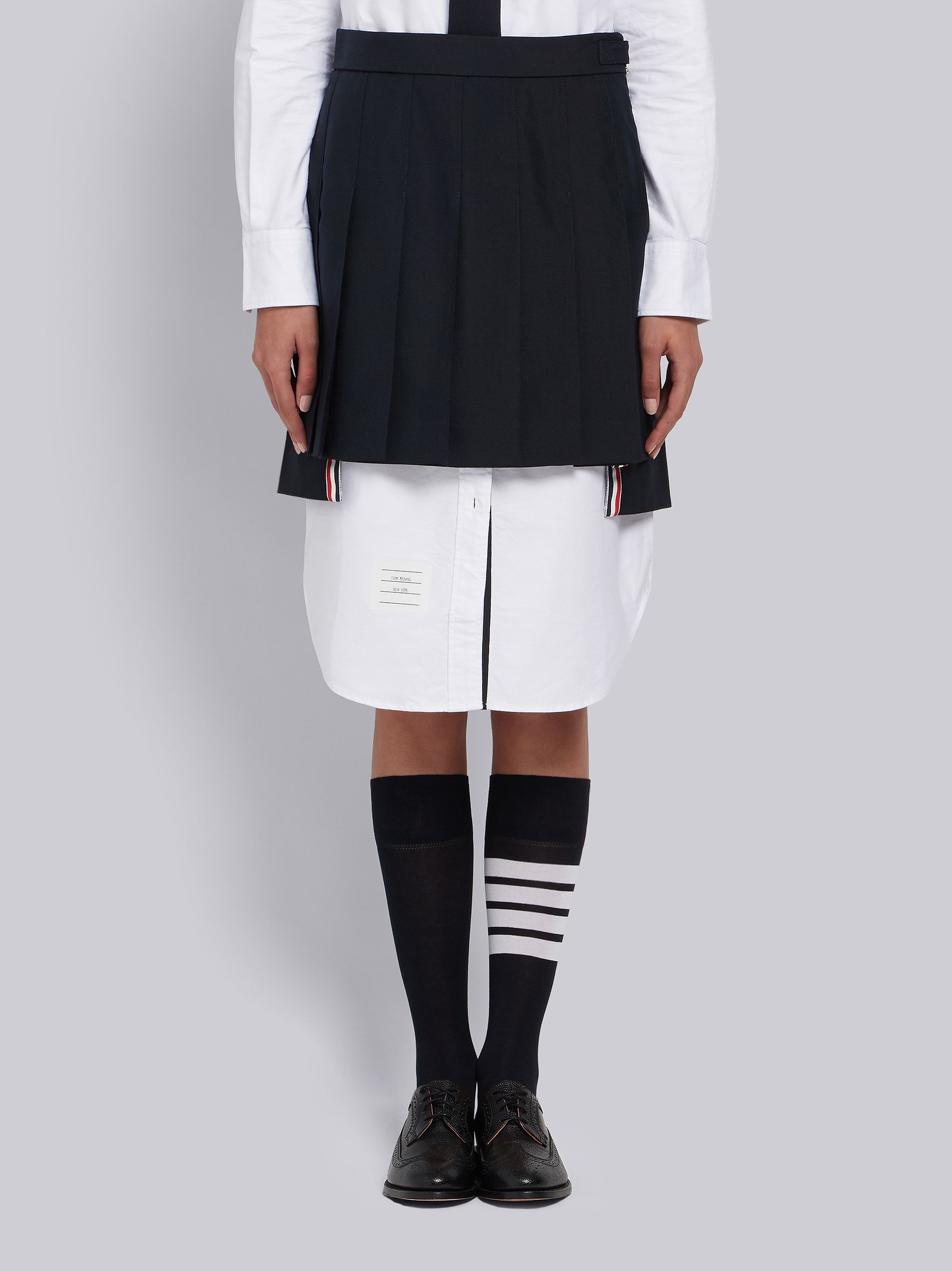 Navy School Uniform Plain Weave Grosgrain Stripe Dropped Back Pleated Mini Skirt - 1