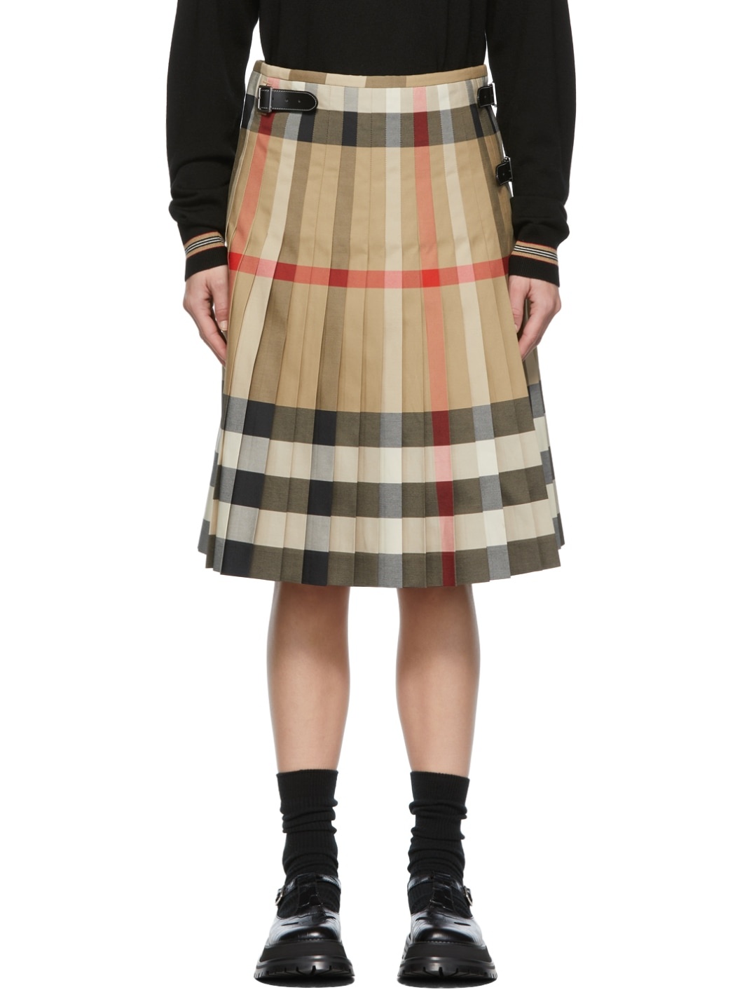 Beige Pleated Check Skirt - 1