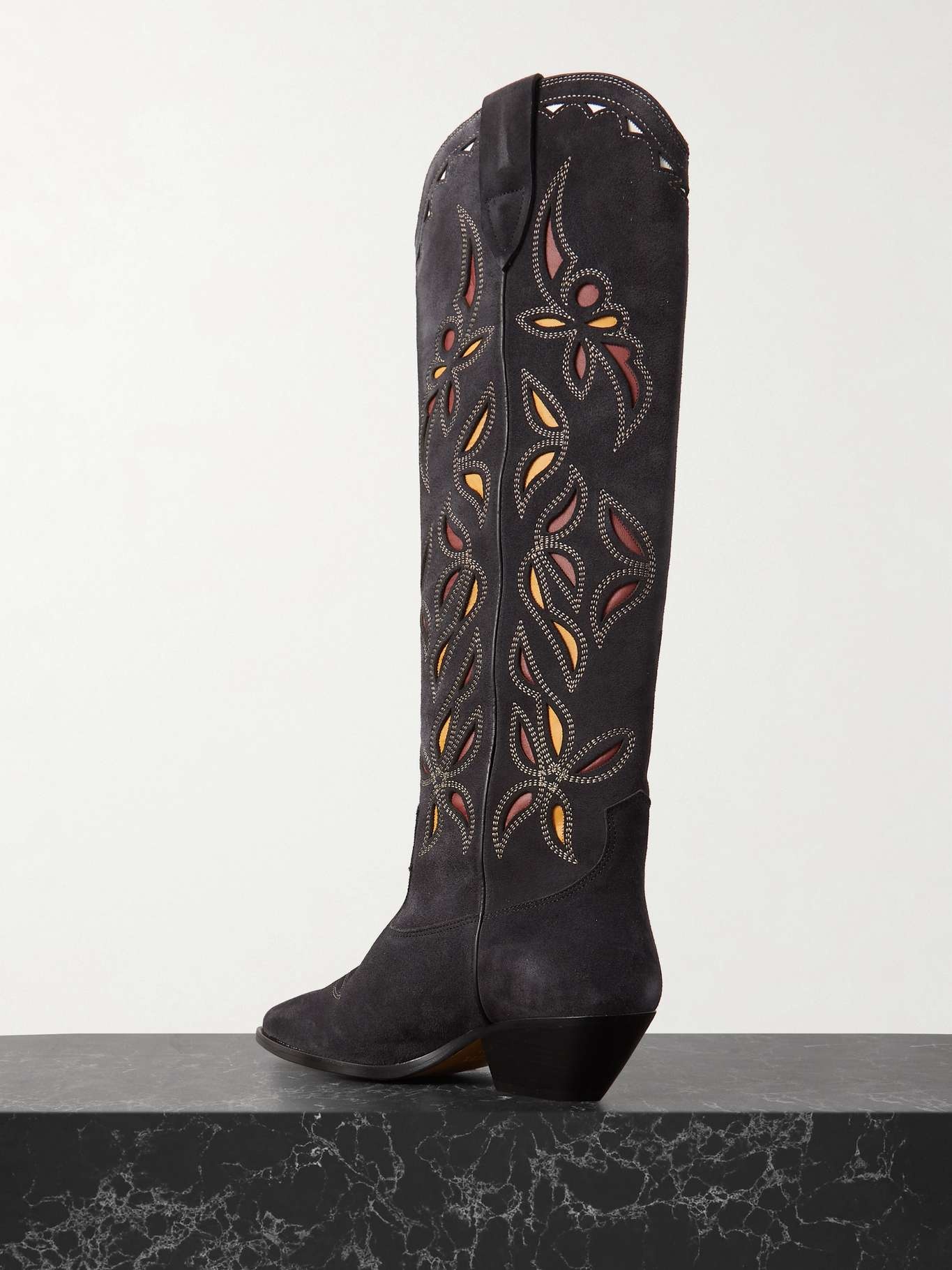 Denvee cutout embroidered leather-trimmed suede knee boots - 3