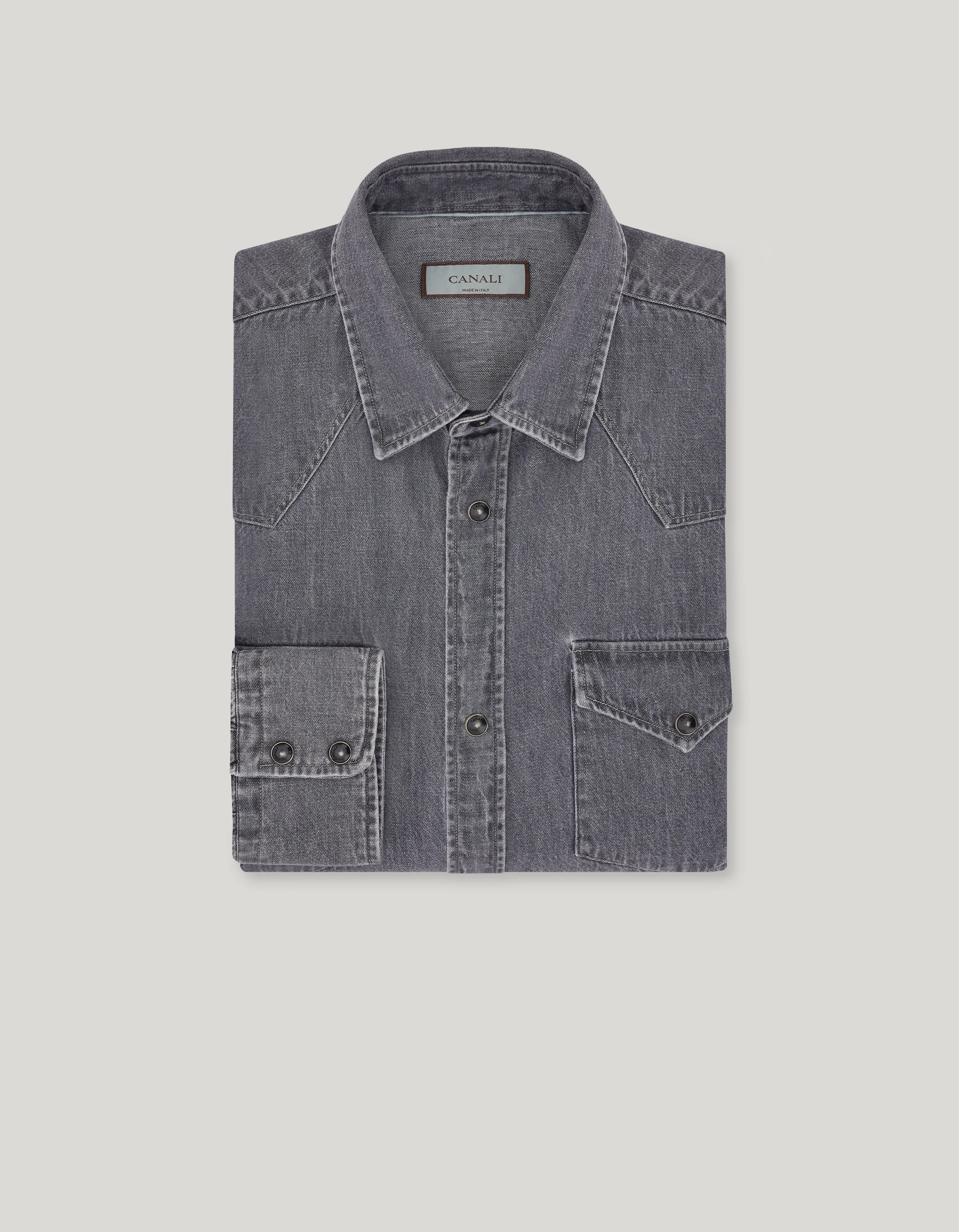 GRAY STONEWASHED COTTON DENIM REGULAR-FIT WESTERN SHIRT - 1