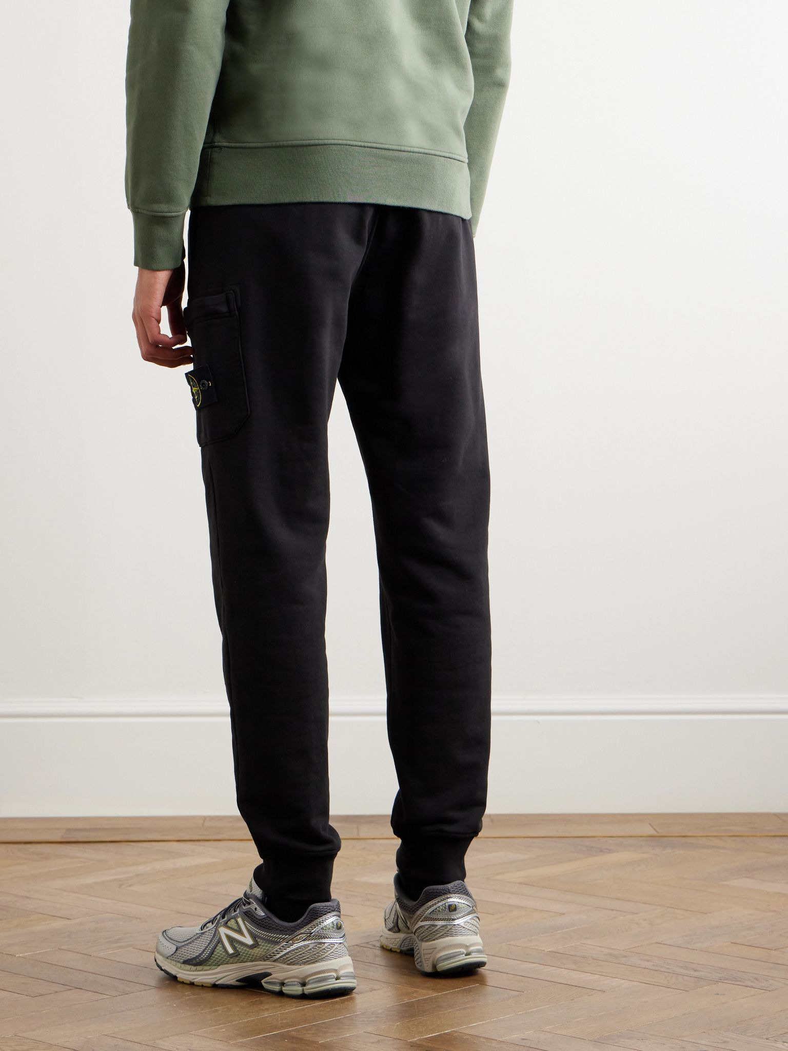 Tapered Logo-Appliquéd Garment-Dyed Cotton-Jersey Sweatpants Black - 3