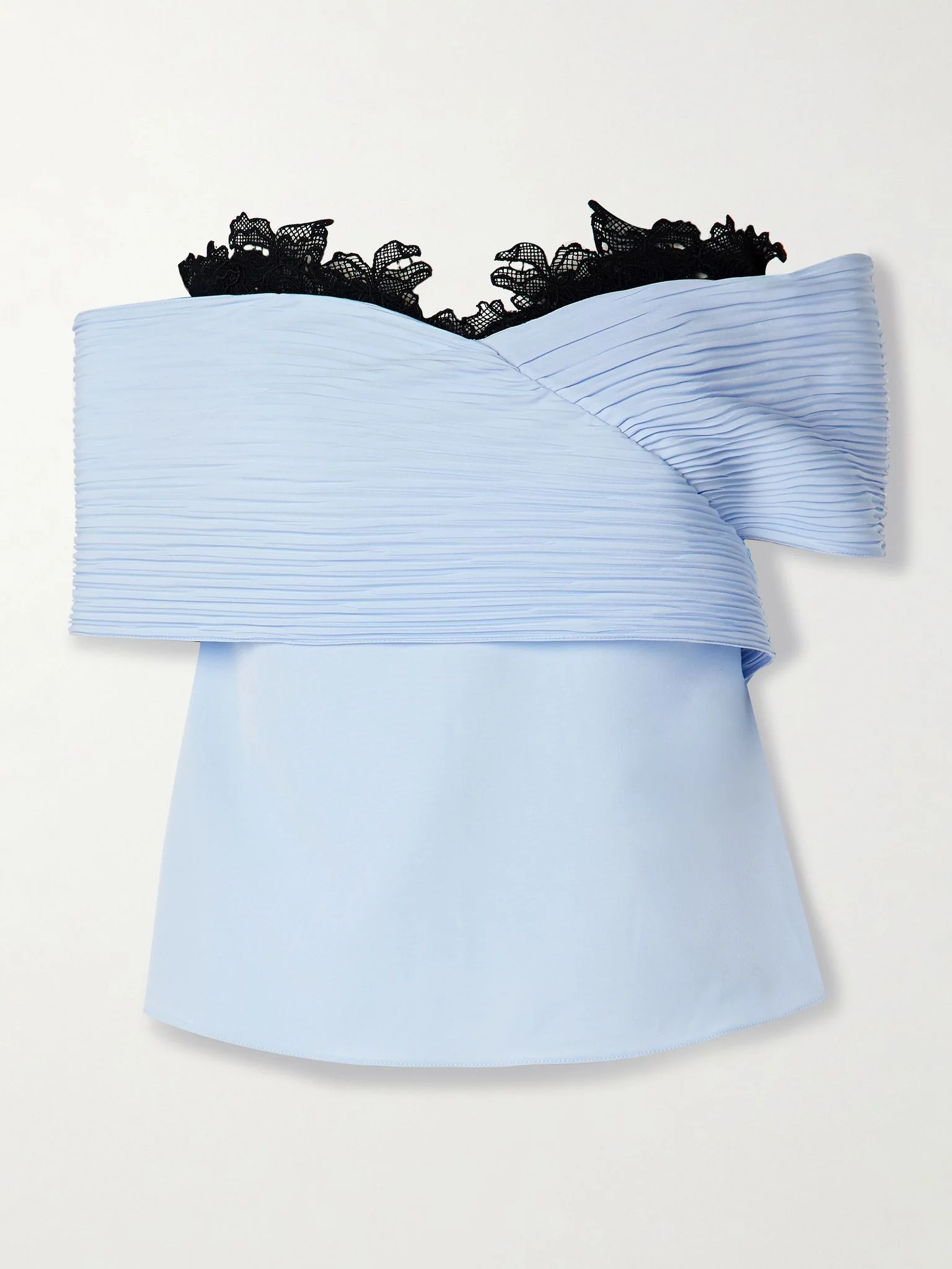 Penelope off-the-shoulder guipure lace-trimmed plissé-crepe de chine top Blue - 1
