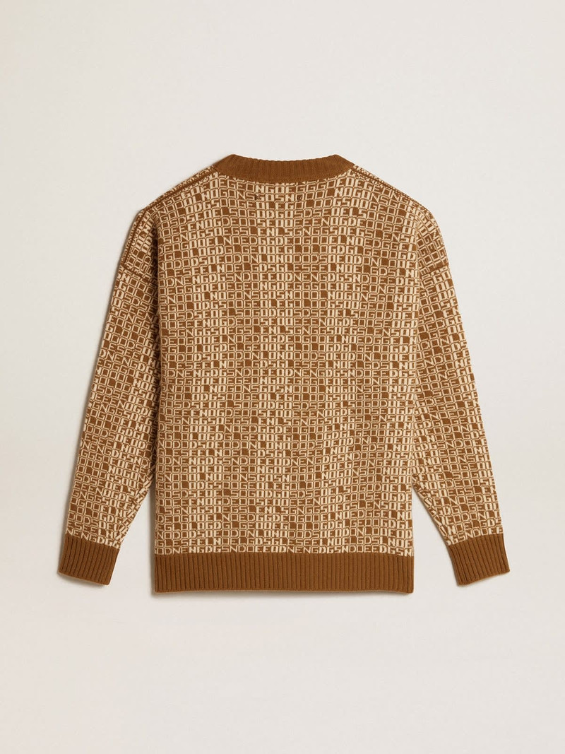 Round-neck sweater with olive-green jacquard lettering motif 6