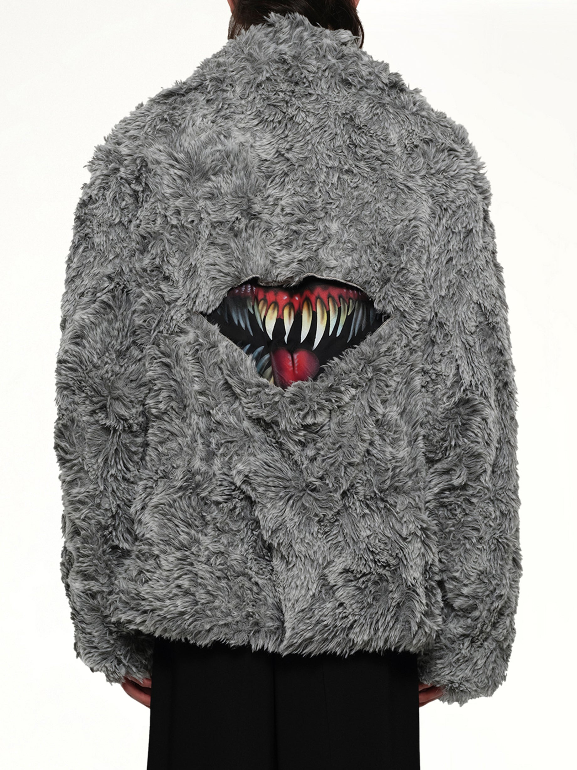 Sinister Mouth Faux Fur Jacket in Grey - 5