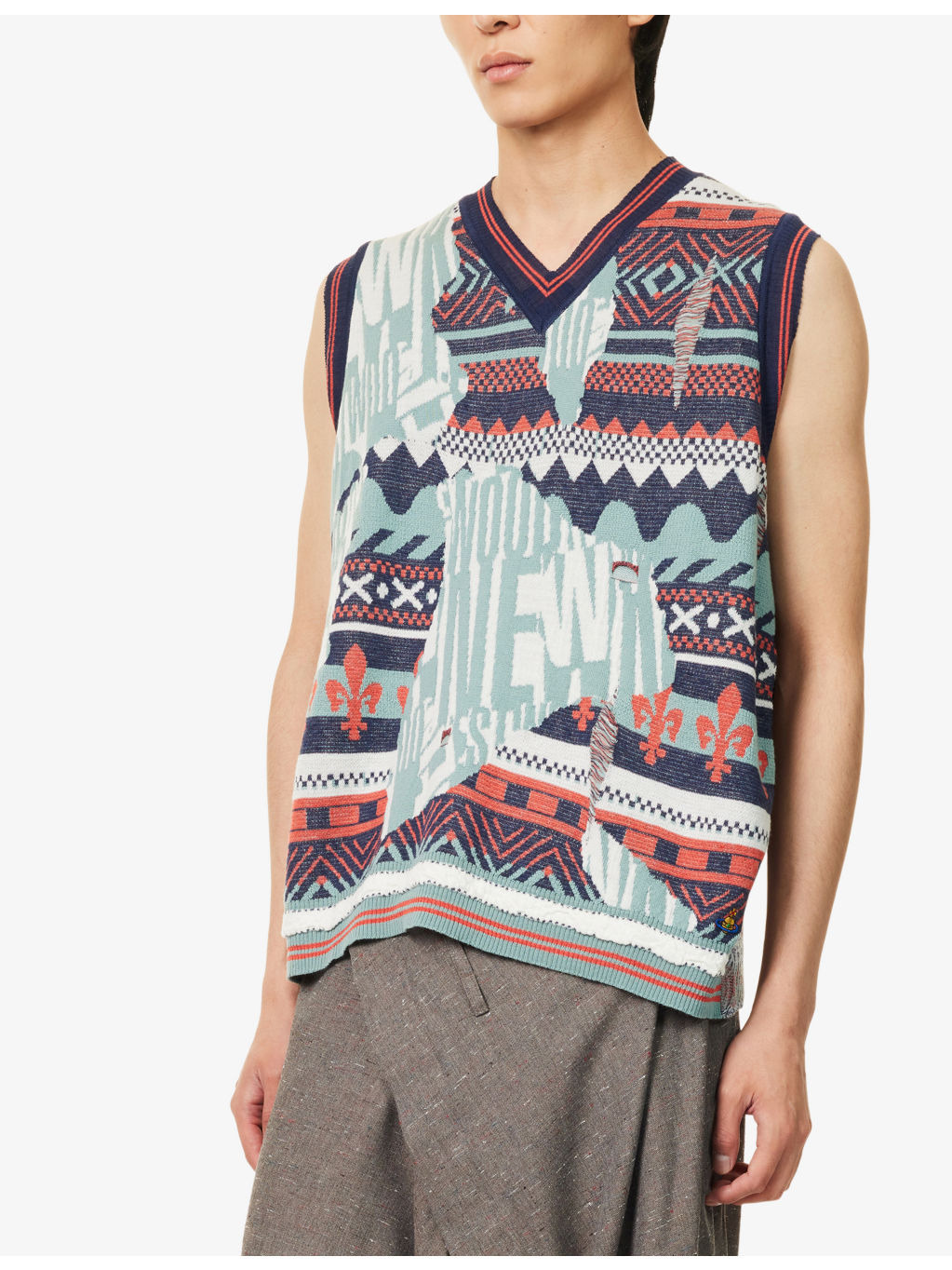 Broken Fair Isle V-Neck Wool, Linen And Cotton Vest - 3