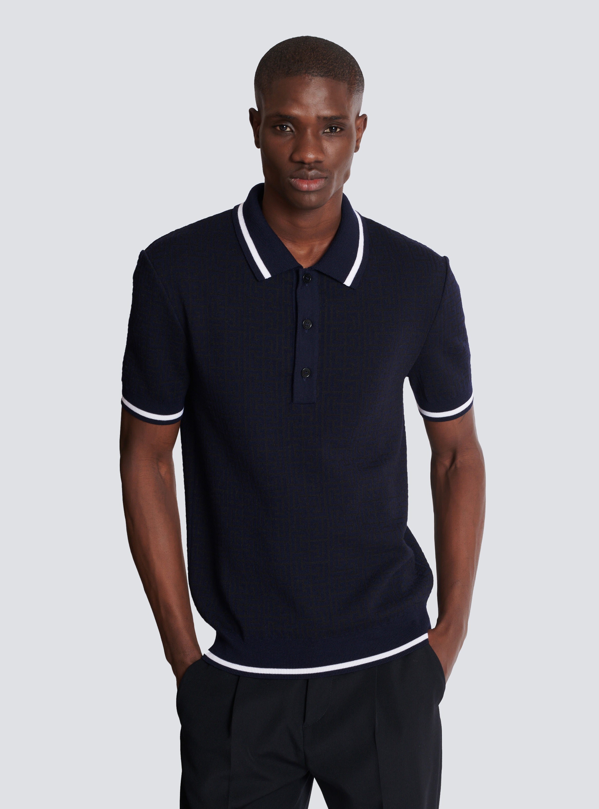 Tシャツ・カットソー BALMAIN FW24 MERINO WOOL POLO SHIRT (DH1GB066KE93_6AE) Balmain Monogrammed merino wool polo shirt | REVERSIBLE