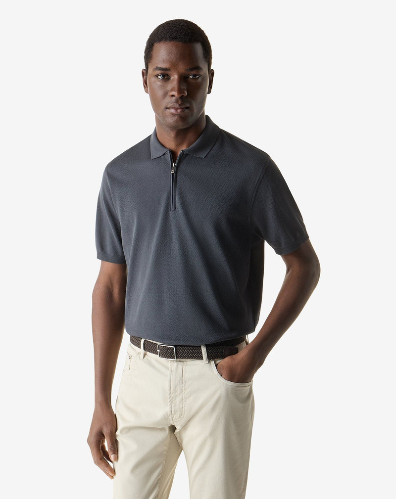 CORNELIANI Anthracite grey zipped pure cotton polo shirt outlook