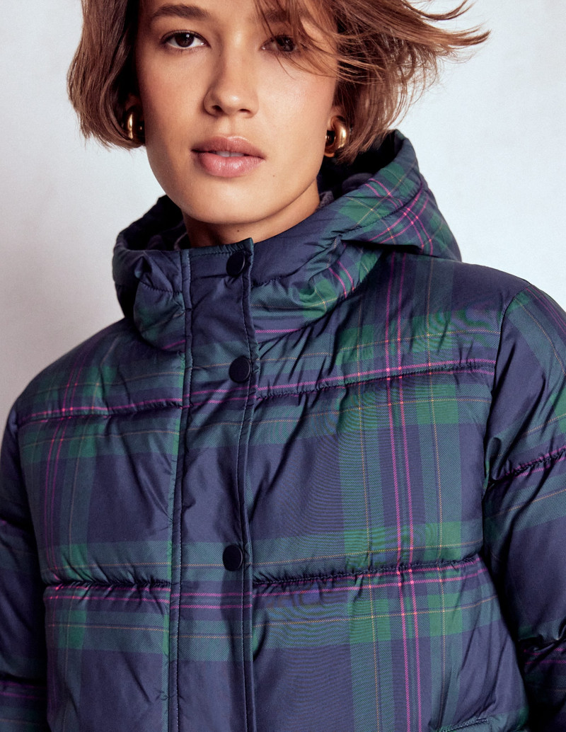 Padded Puffer Coat-Navy & Green Tonal Check 4